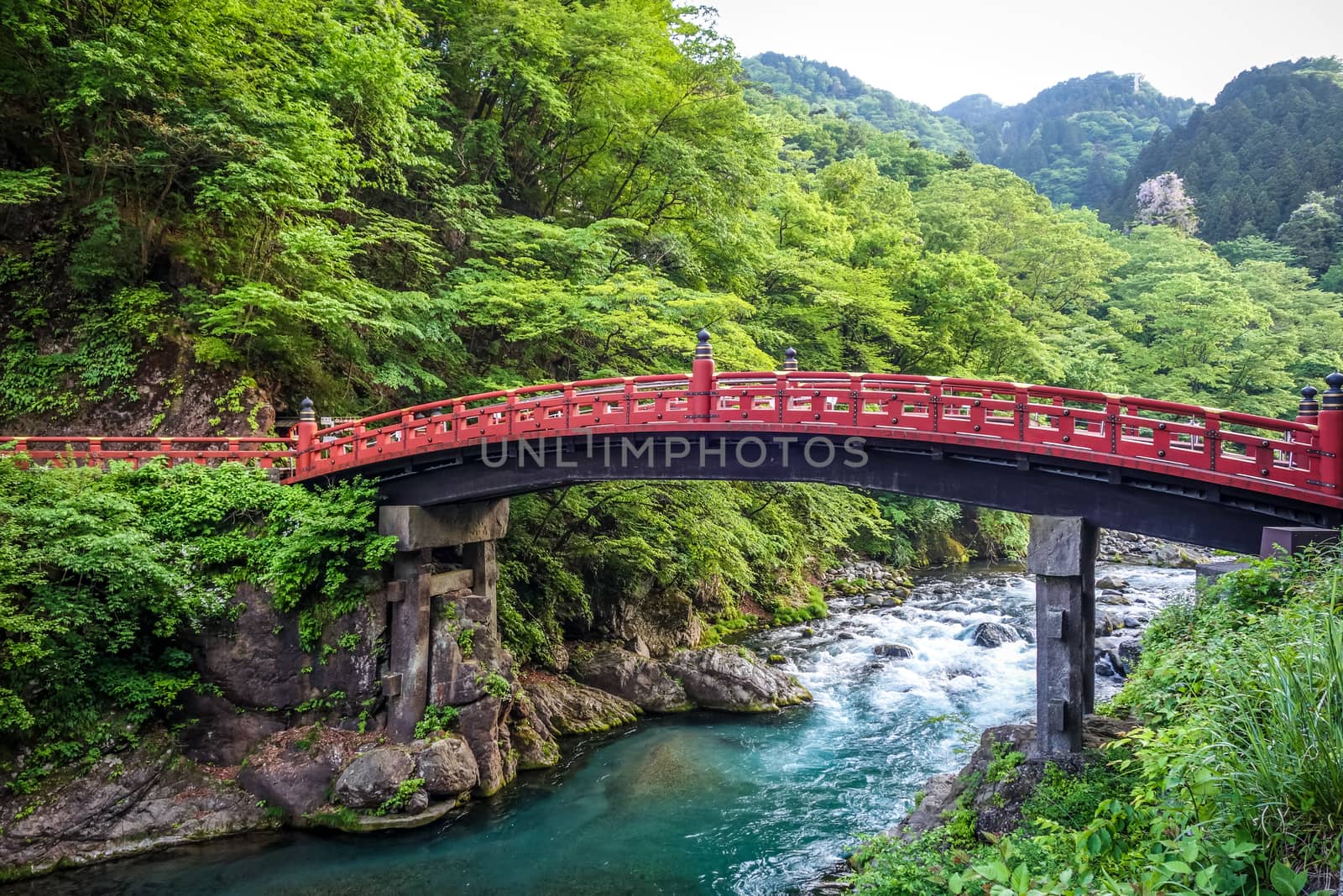 Futarasan jinja. Red wooden Shinkyo bridge, Nikko, Japan