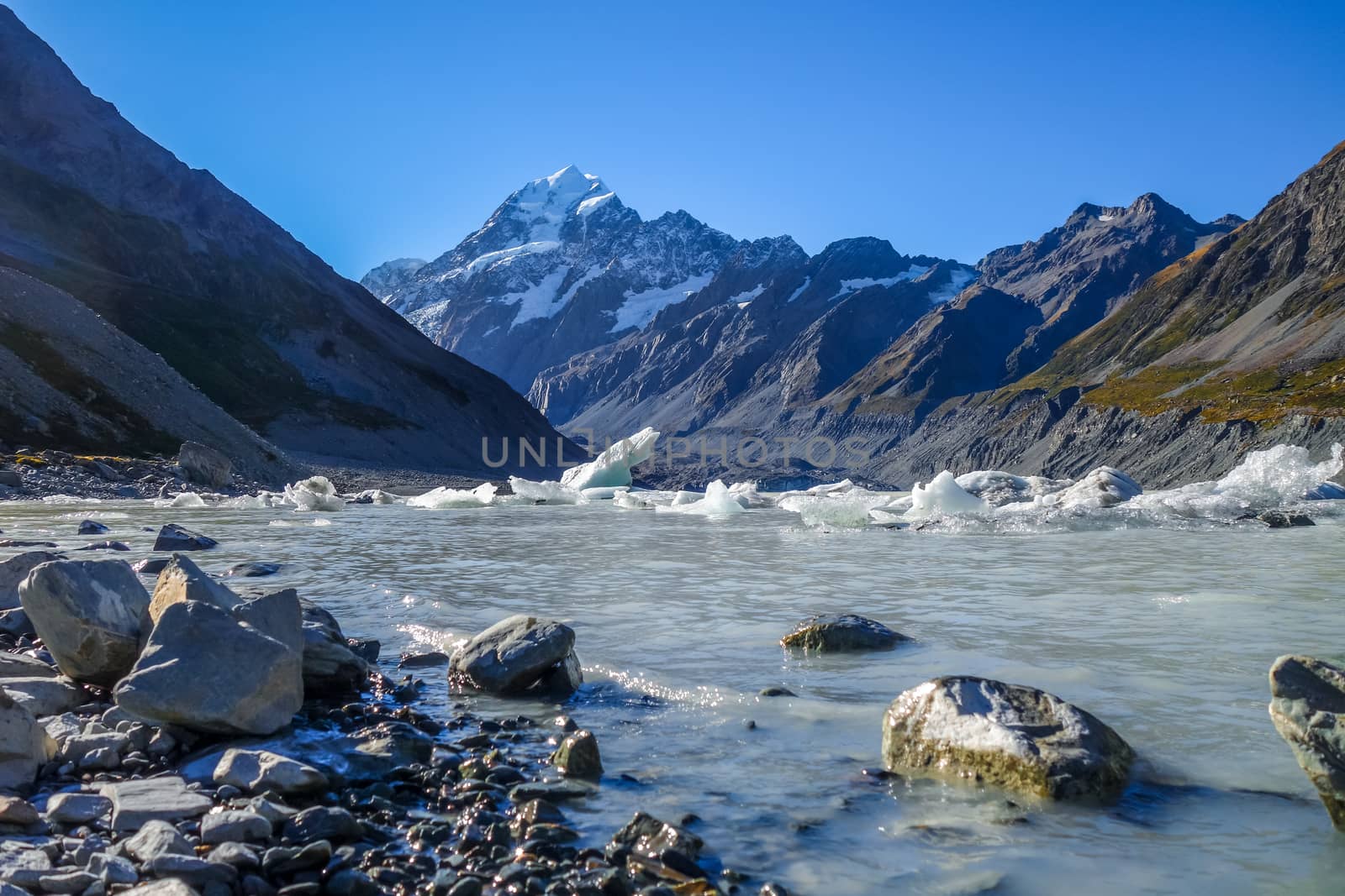 Hooker lake in Aoraki Mount Cook national park, New Zealand