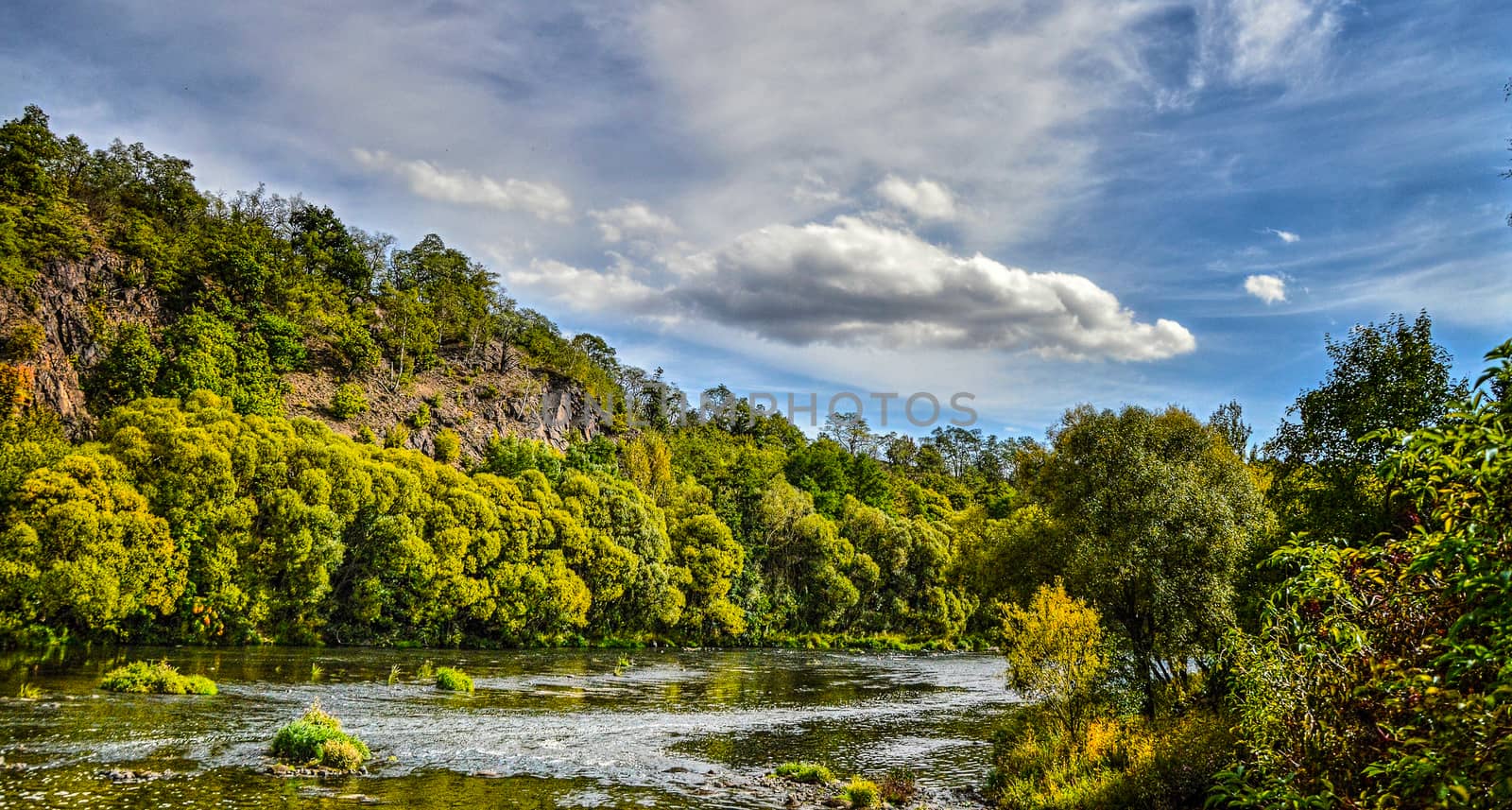 A  river flowing peacefully between the trees and the rock.