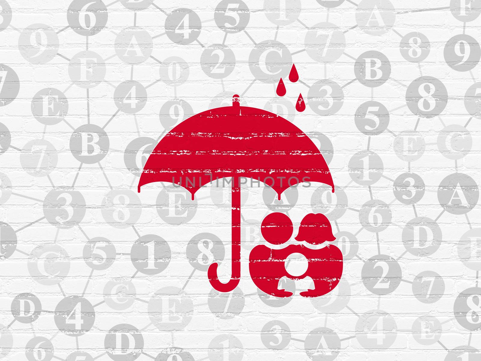 Protection concept: Painted red Family And Umbrella icon on White Brick wall background with Scheme Of Hexadecimal Code