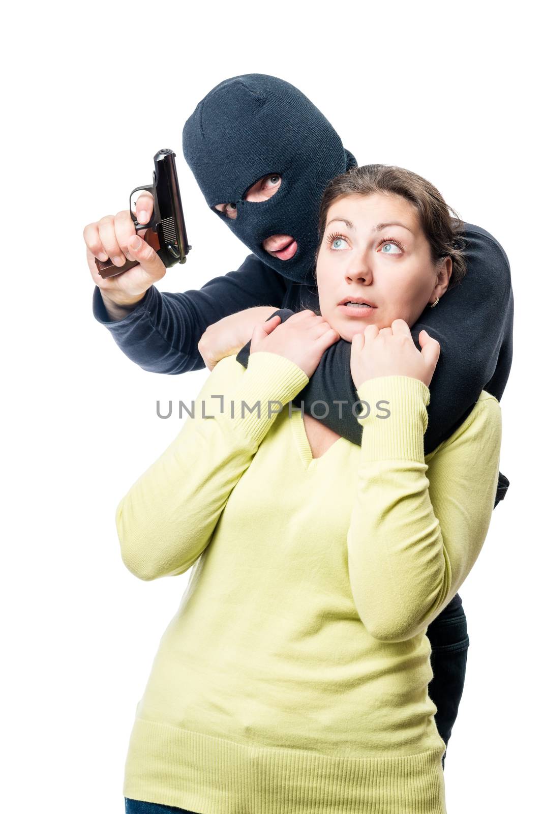 Portrait of a frightened hostage and dangerous terrorist with a gun on white background