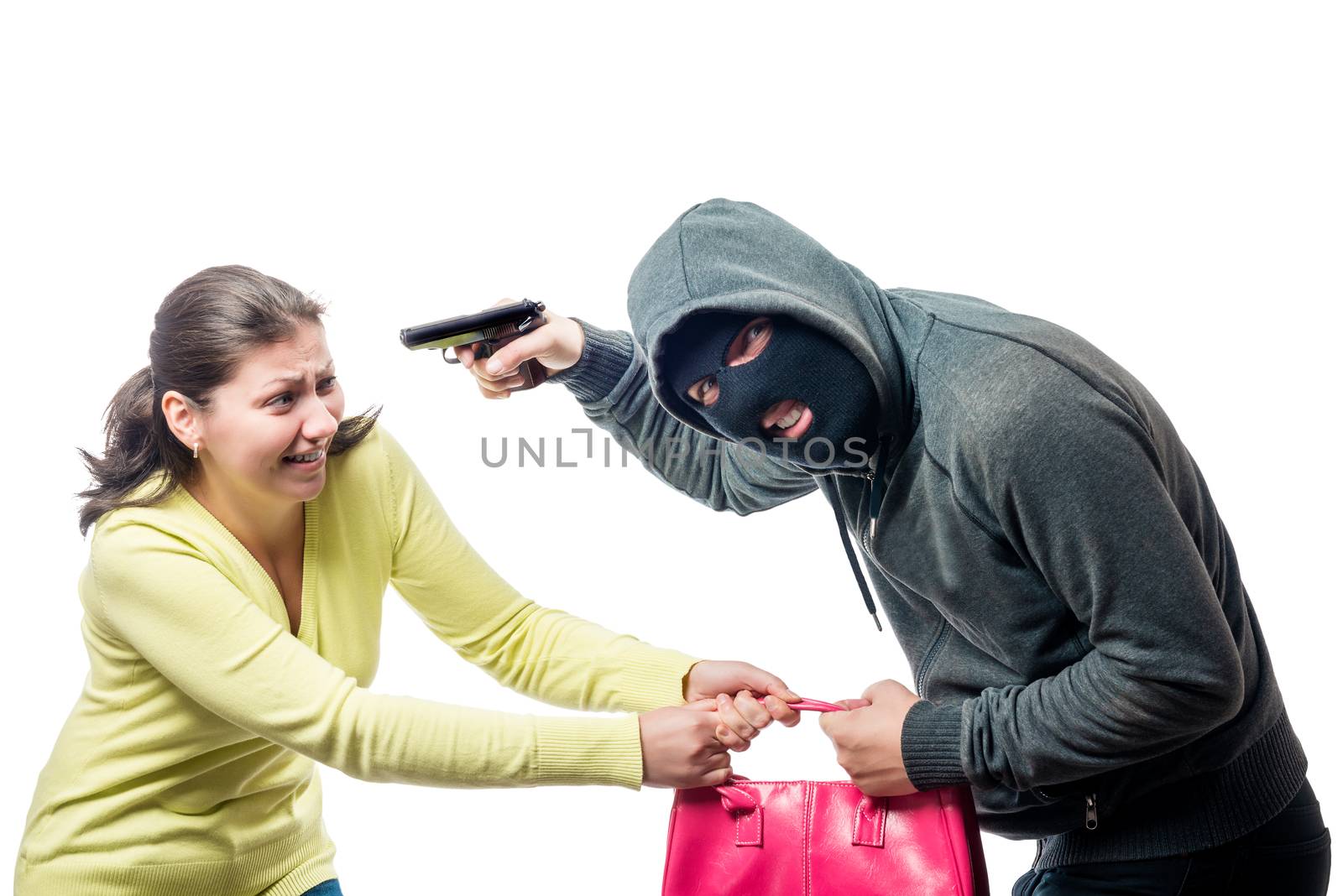 Street thief in a balaclava with a gun steals a woman's bag, sho by kosmsos111