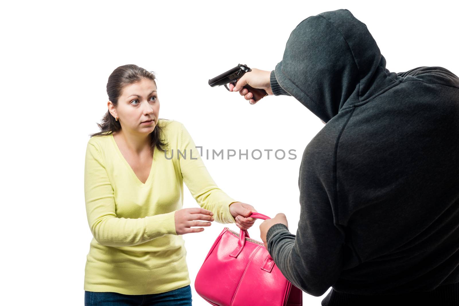 Armed robber and victim with a bag on a white background