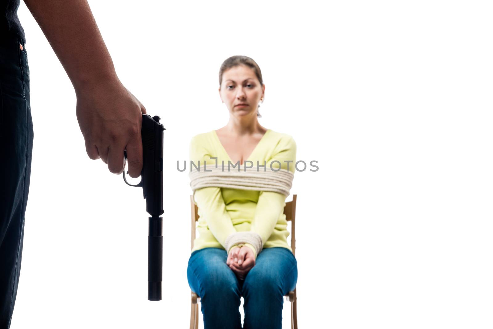 Conceptual photography - hostage and terrorist on white background