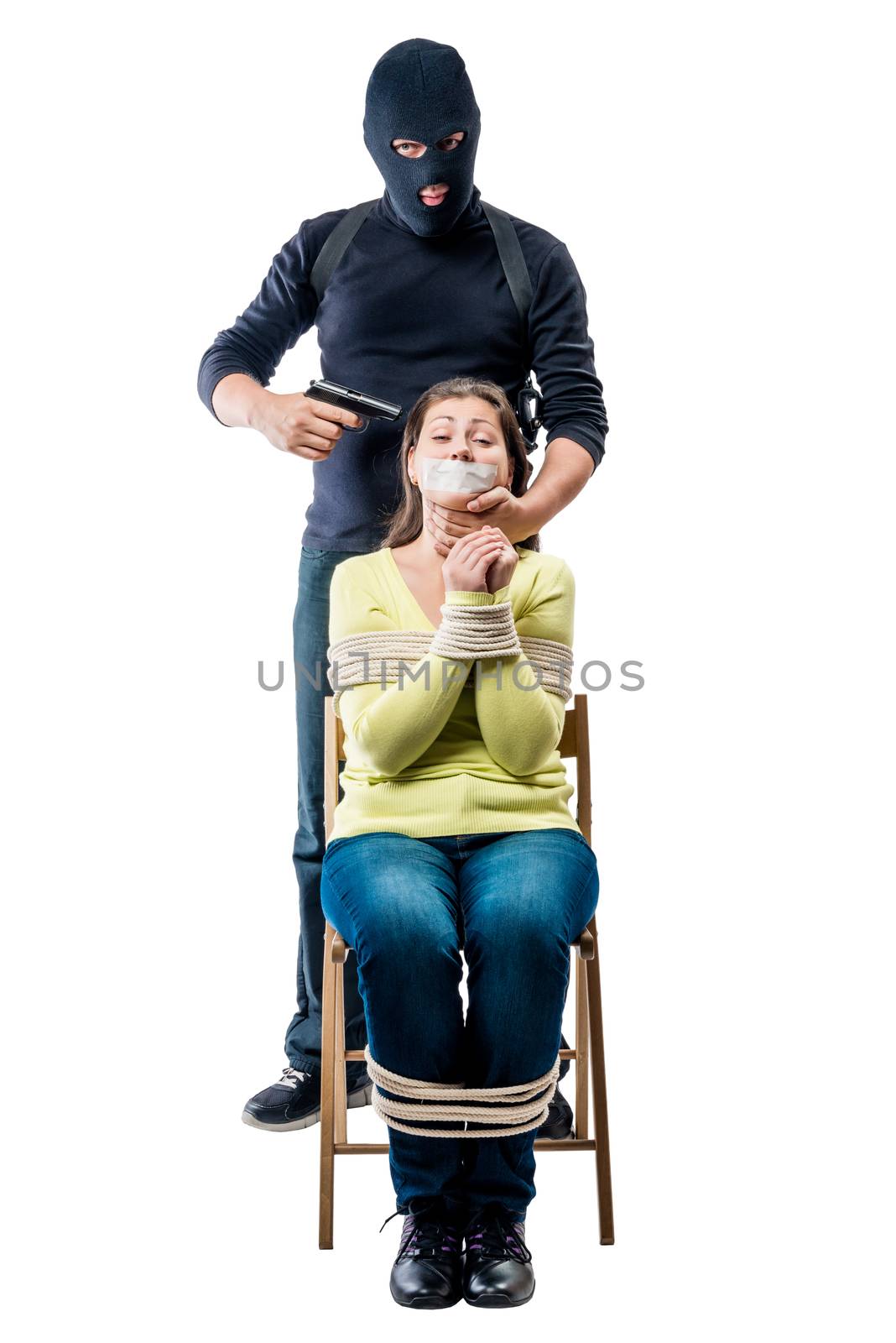 Terrorist in mask with arms and bound hostage on white background