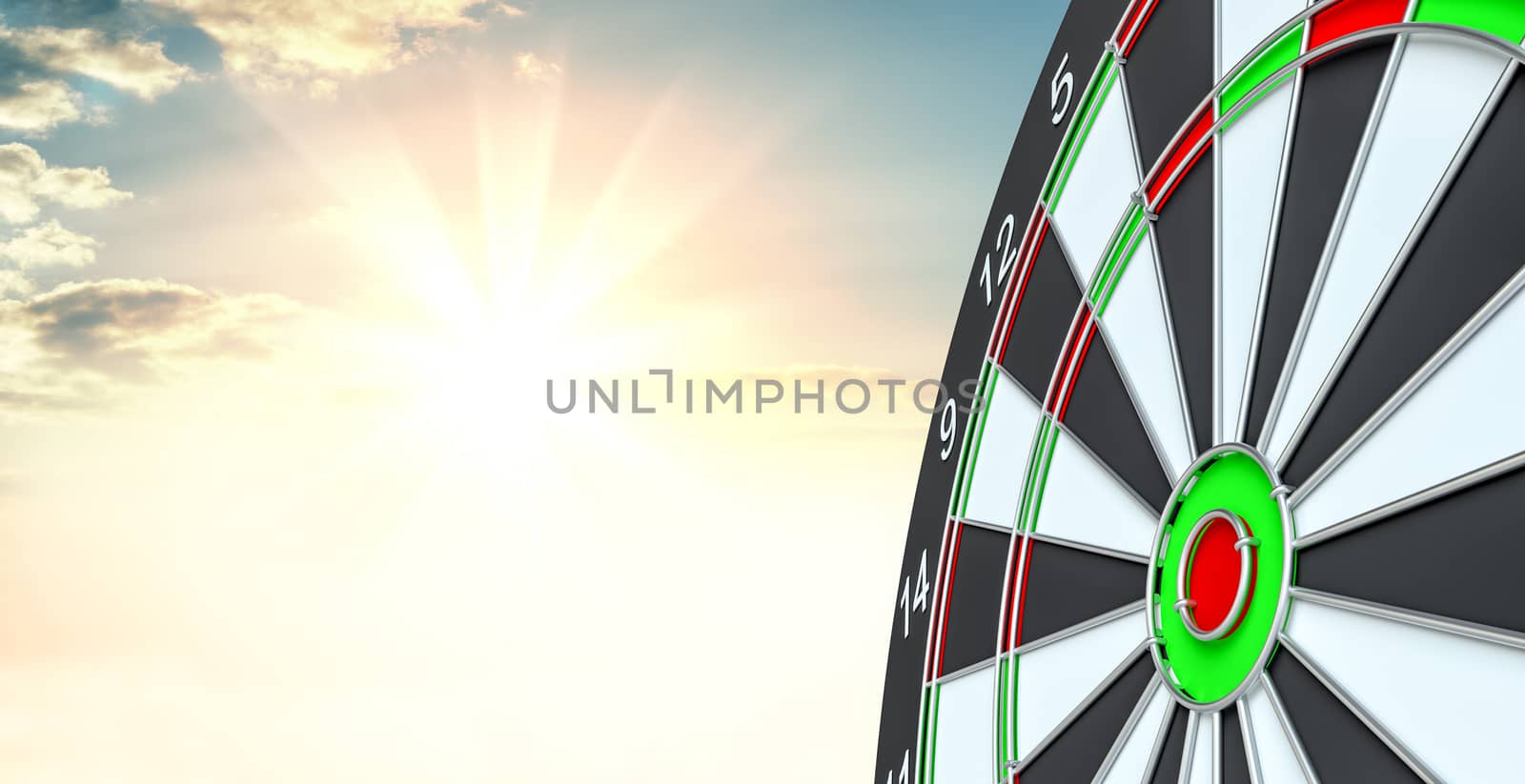 Target dart. 3d illustration. Sunrise on background