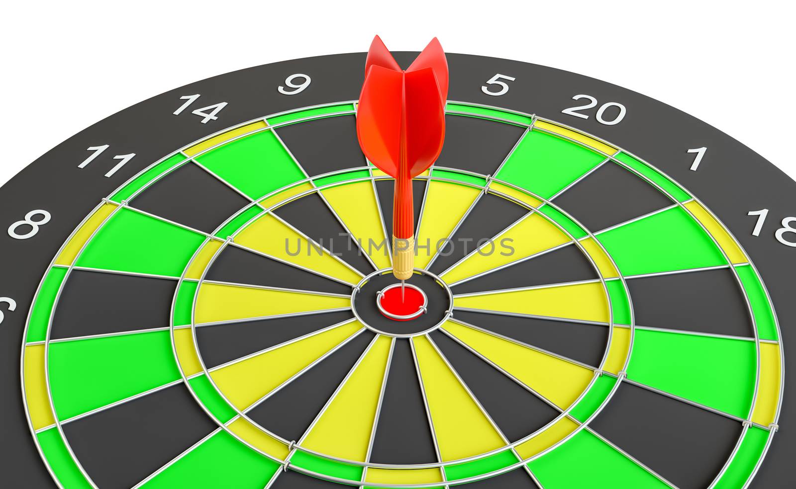 Close up red dart arrow on center of dartboard. 3d illustration