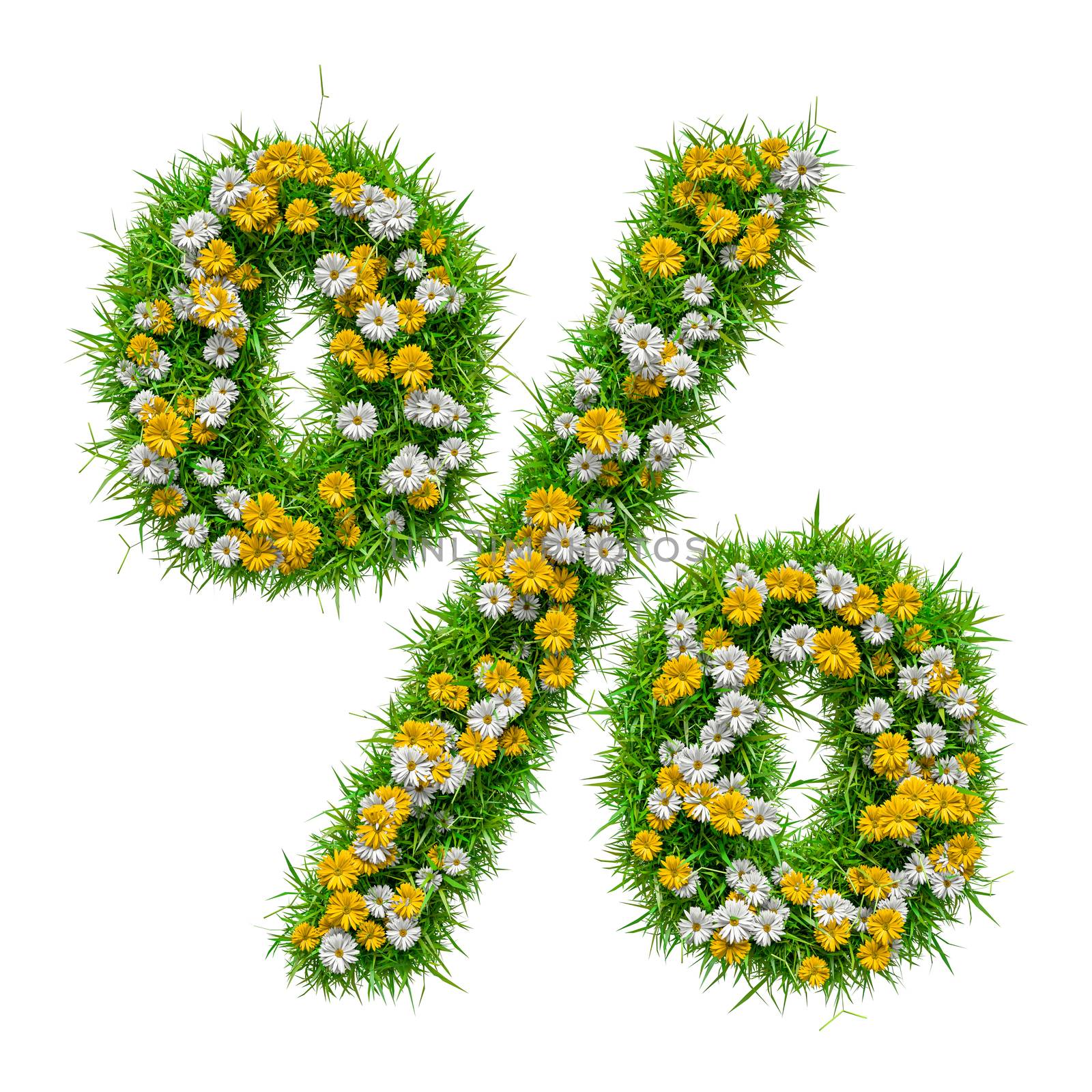 Percent Sign of Green Grass And Flowers, isolated on white background. 3D illustration