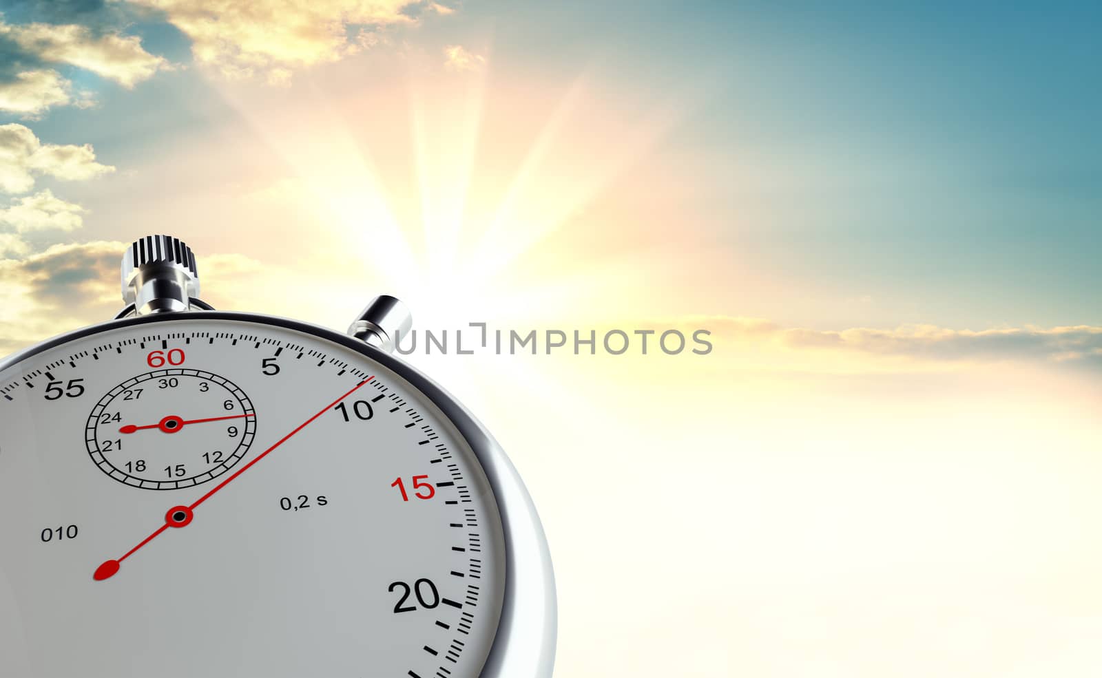 Analog stopwatch against the background of sunrise. The concept of speed and achievements. 3d illustration