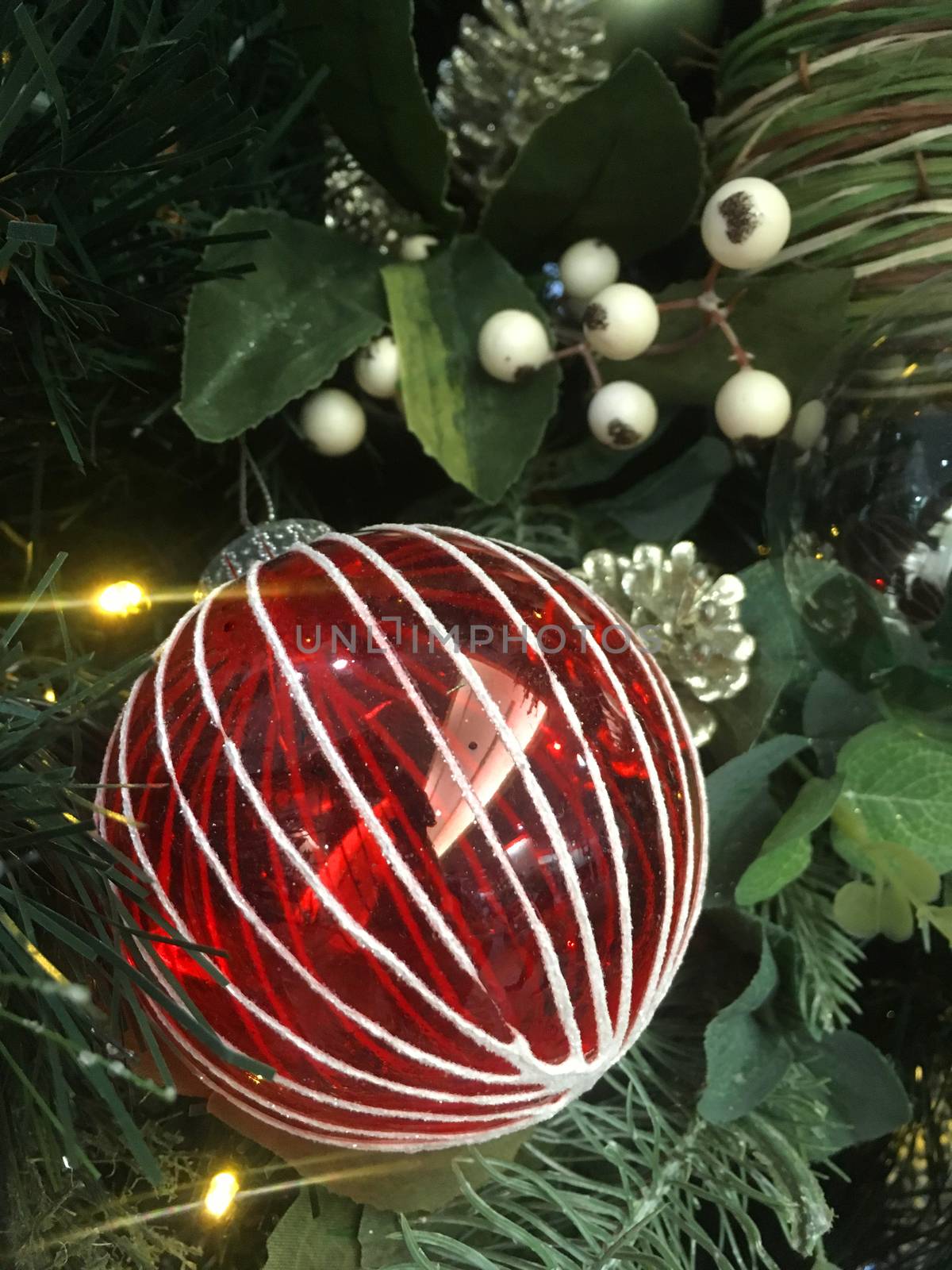 A red and white striped Christmas tree bauble hangs on a Christmas tree in the holiday season.