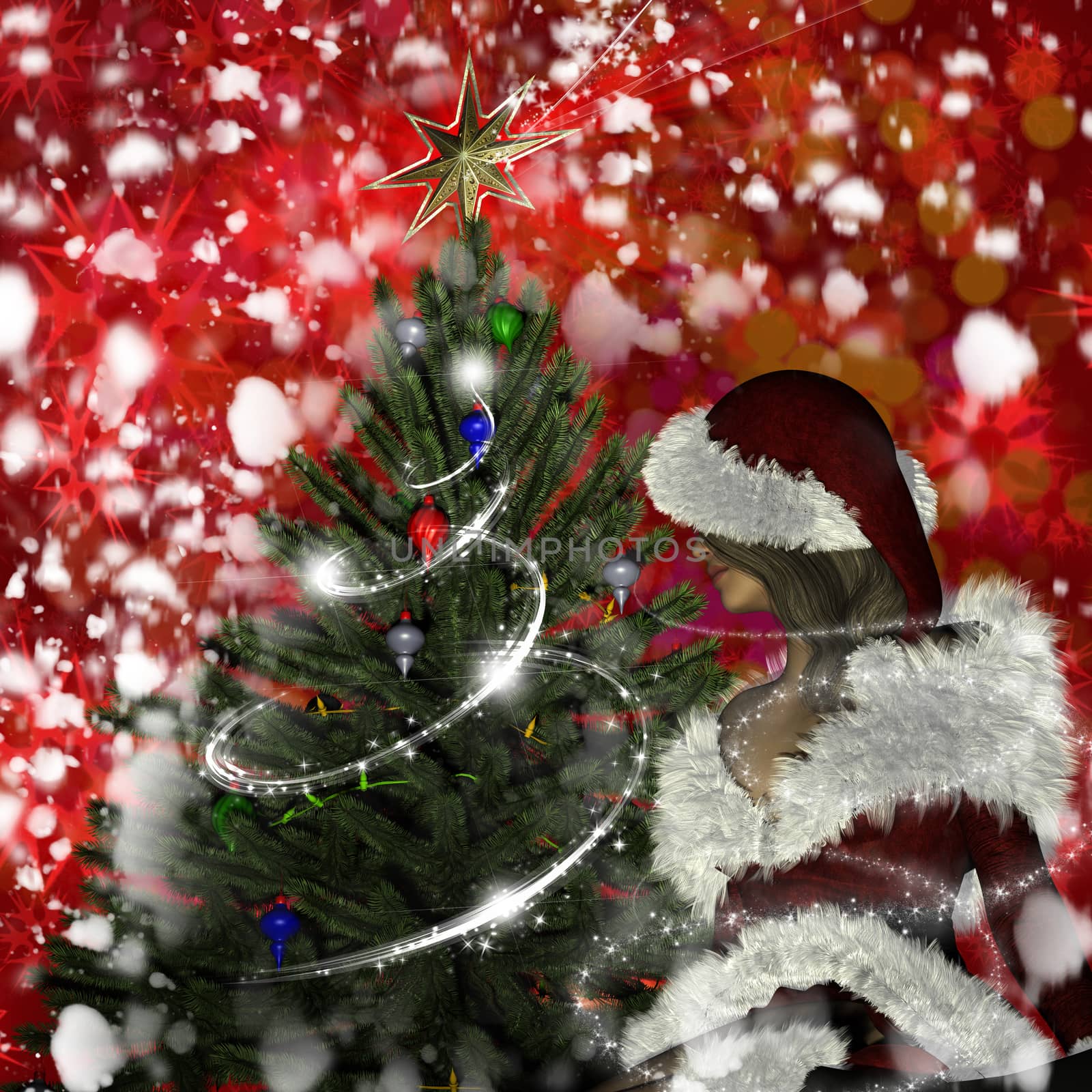 Young woman in Santa Claus clothes over Christmas background by ankarb