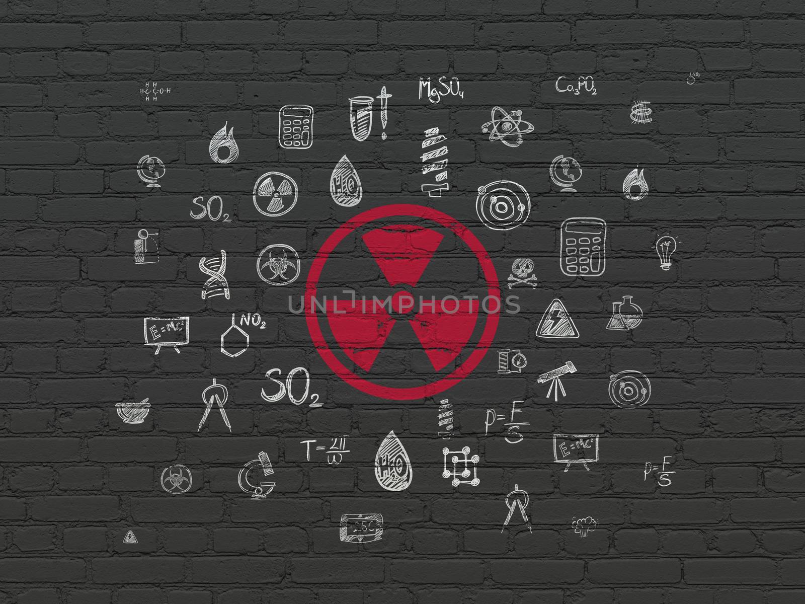 Science concept: Painted red Radiation icon on Black Brick wall background with  Hand Drawn Science Icons