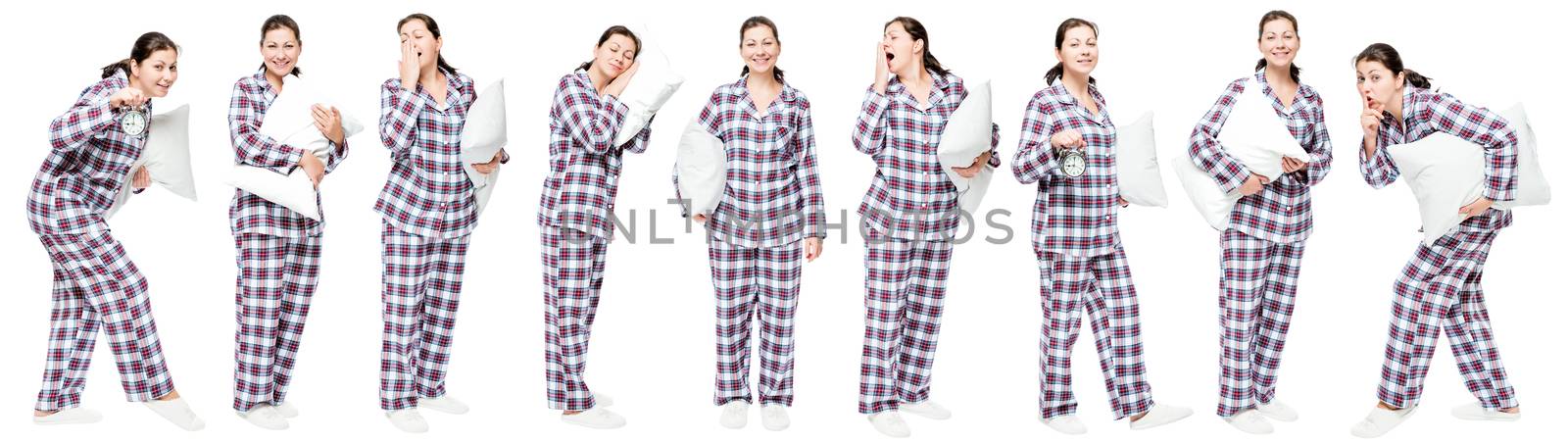 Girl with pillow posing on white background, 9 portraits in full length in a row
