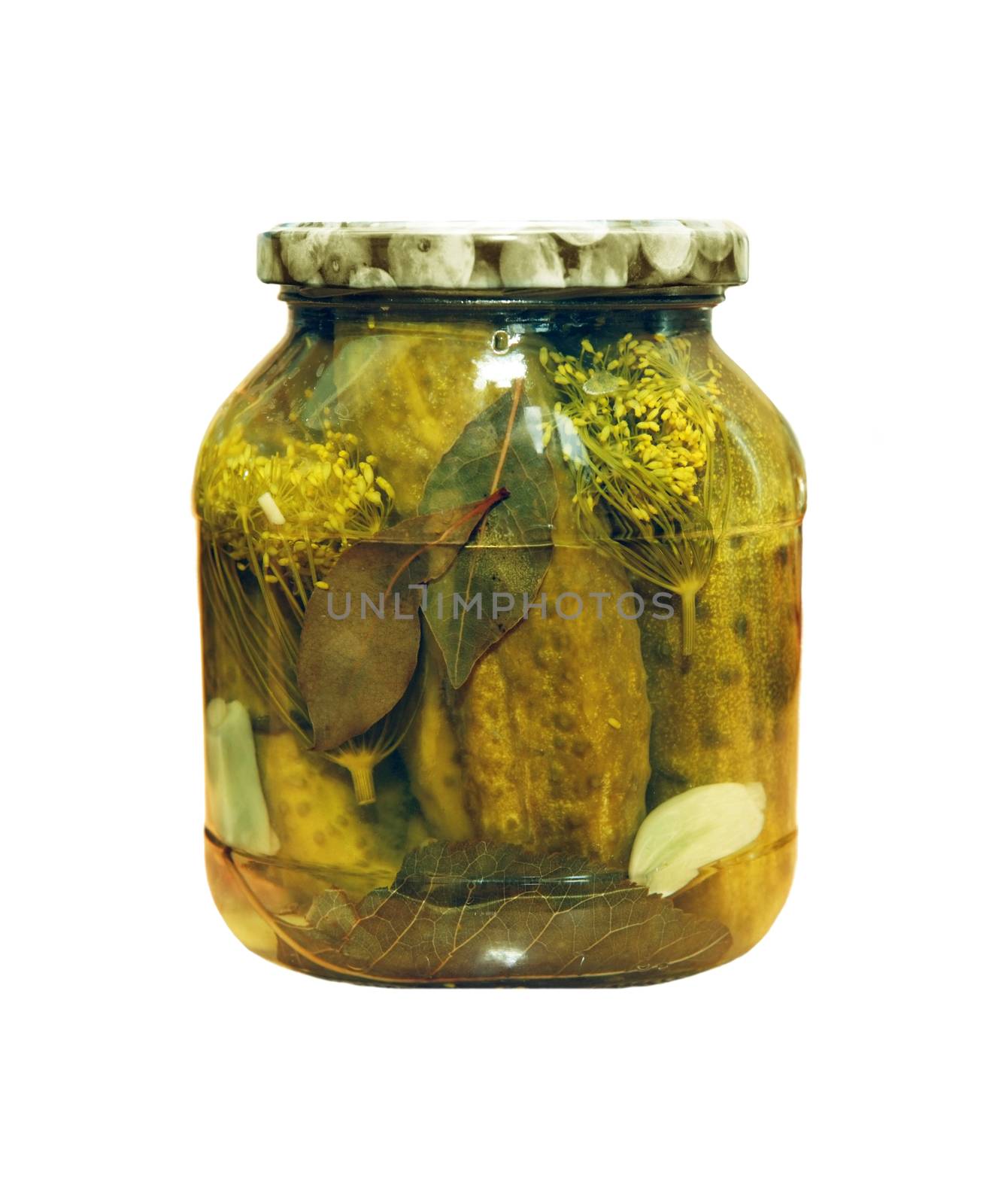 Glass jar of pickled cucumbers isolated on white