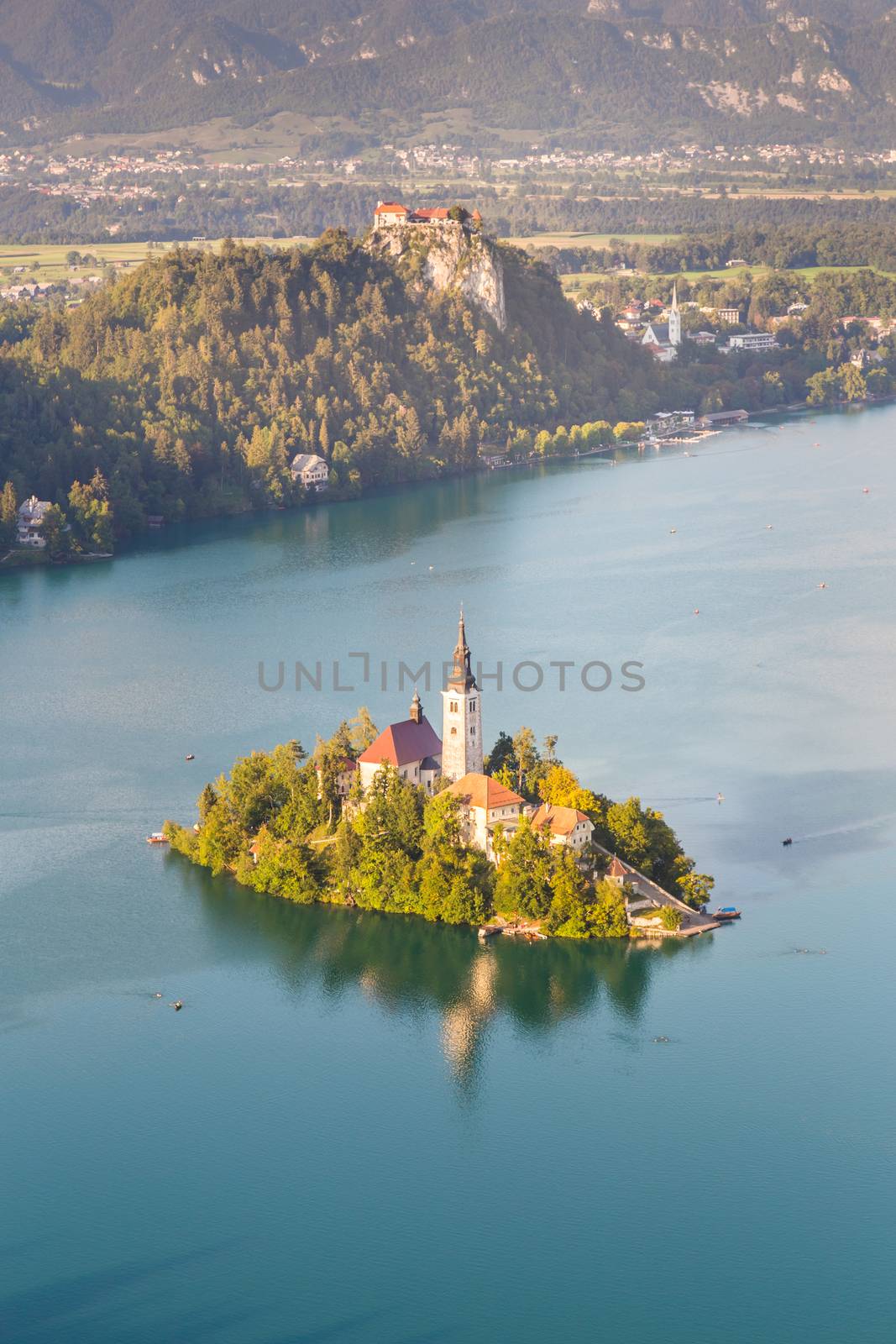 Panoramic view of island wiht church on Lake Bled from Mt. Osojnica, Slovenia.