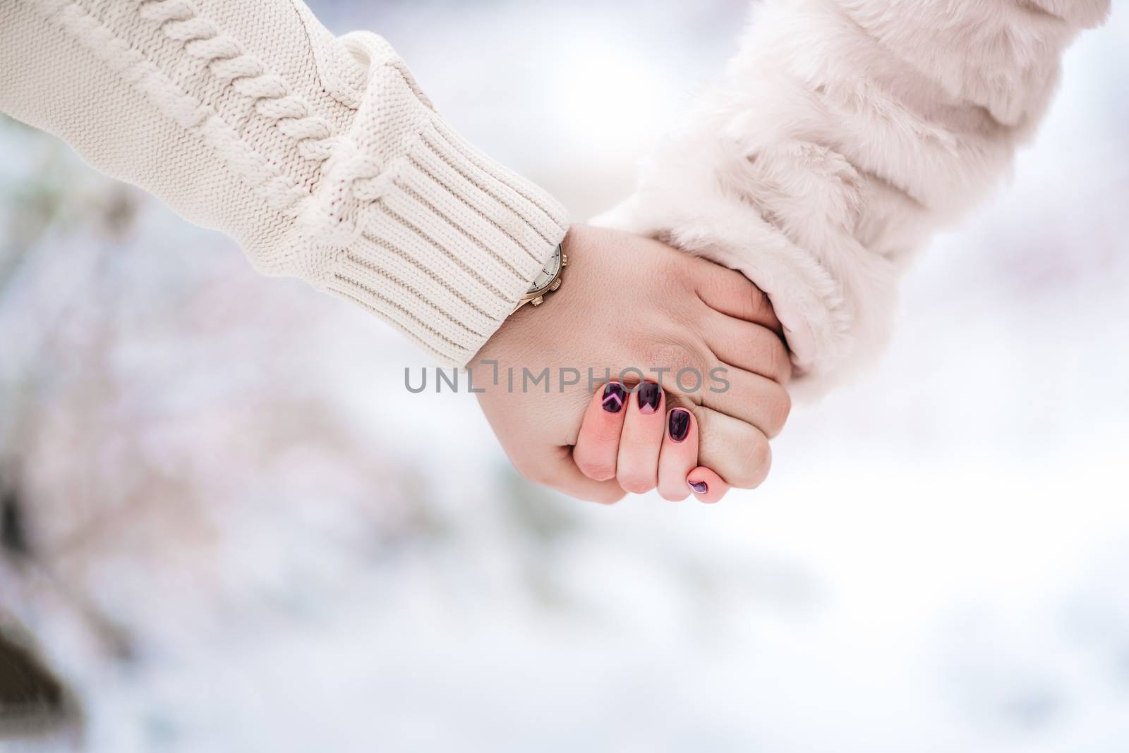 young couple on a walk in the snowy mountains by Andreua