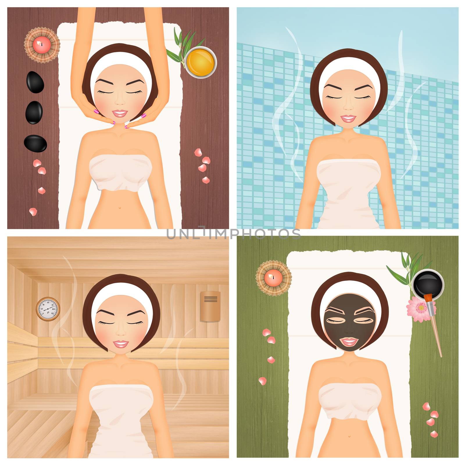 illustration of various treatments in beauty center