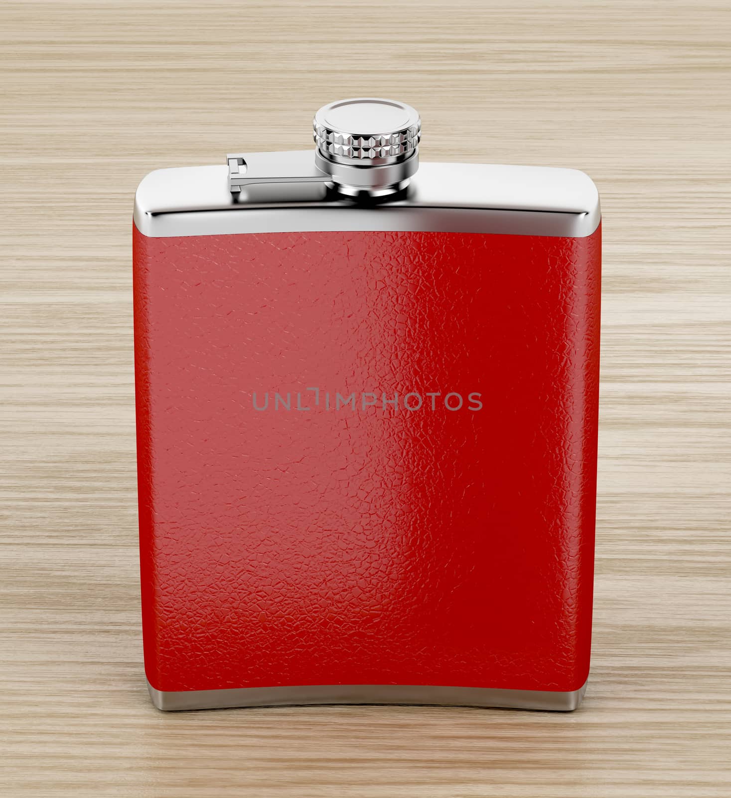 Front view of red hip flask on wooden table