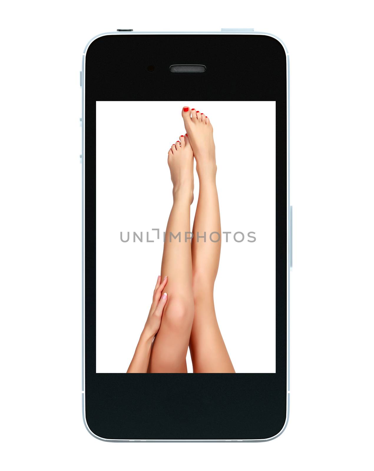 Beautiful female legs on a screen of black smartphone, isolated by Nobilior