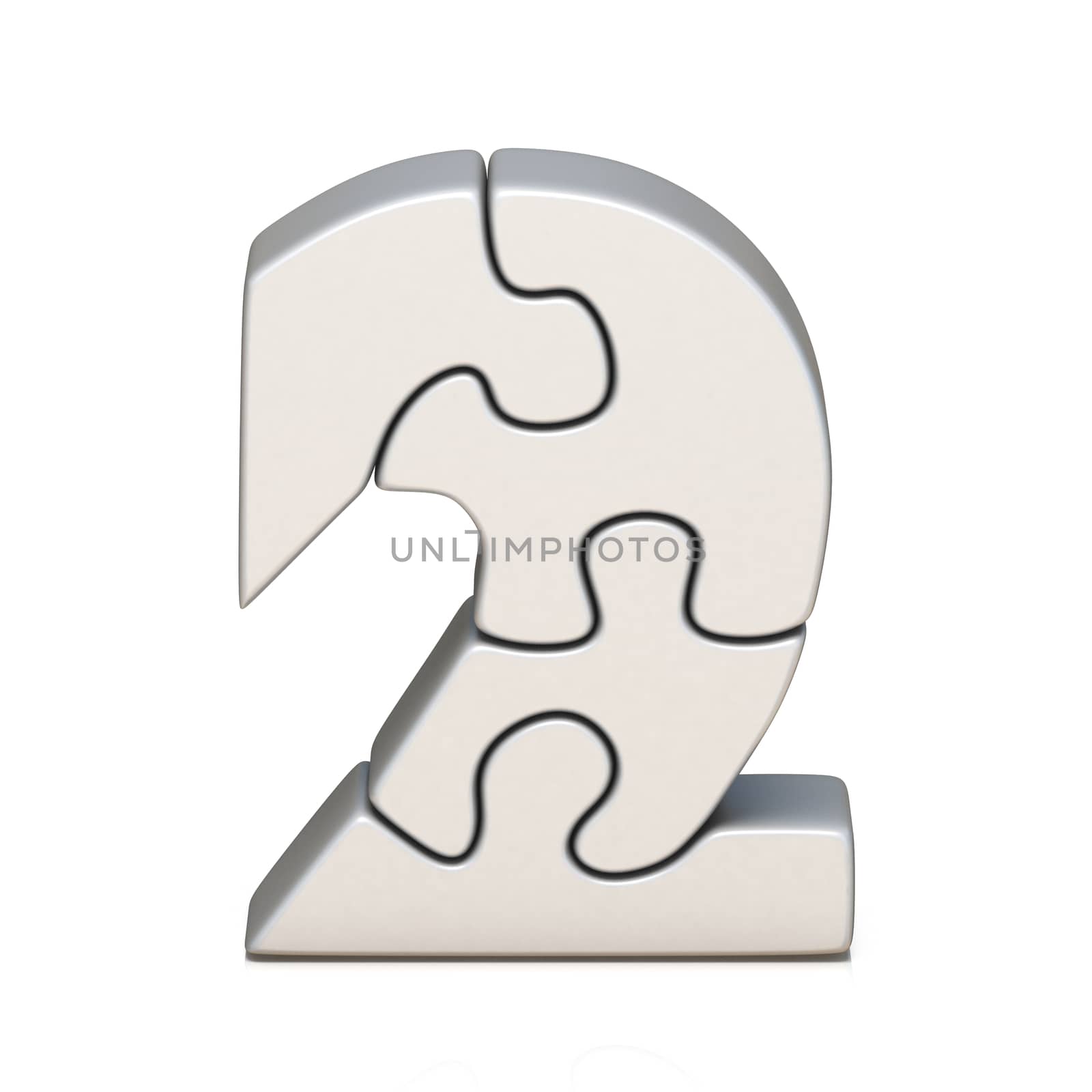 White puzzle jigsaw number TWO 2 3D render illustration isolated on white background