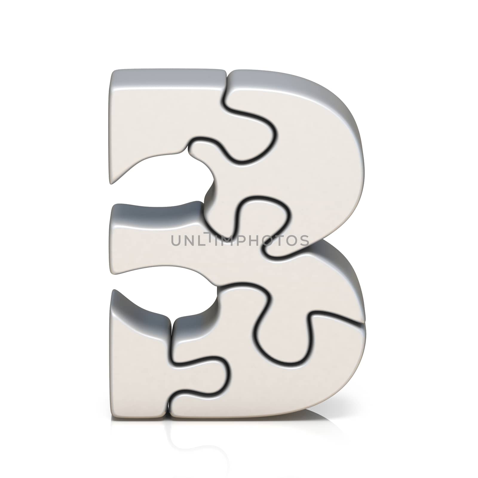 White puzzle jigsaw number THREE 3 3D render illustration isolated on white background