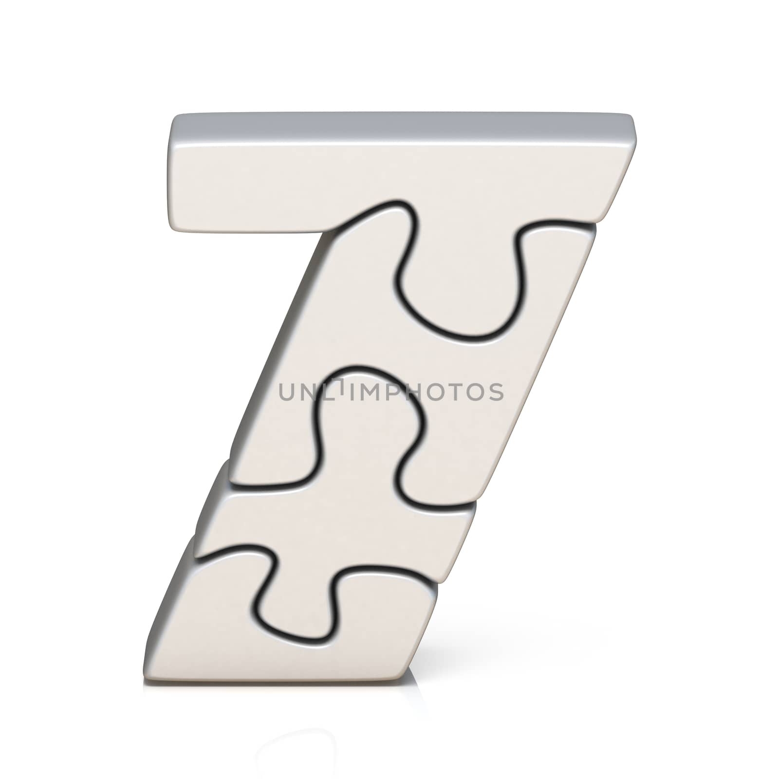 White puzzle jigsaw number SEVEN 7 3D render illustration isolated on white background