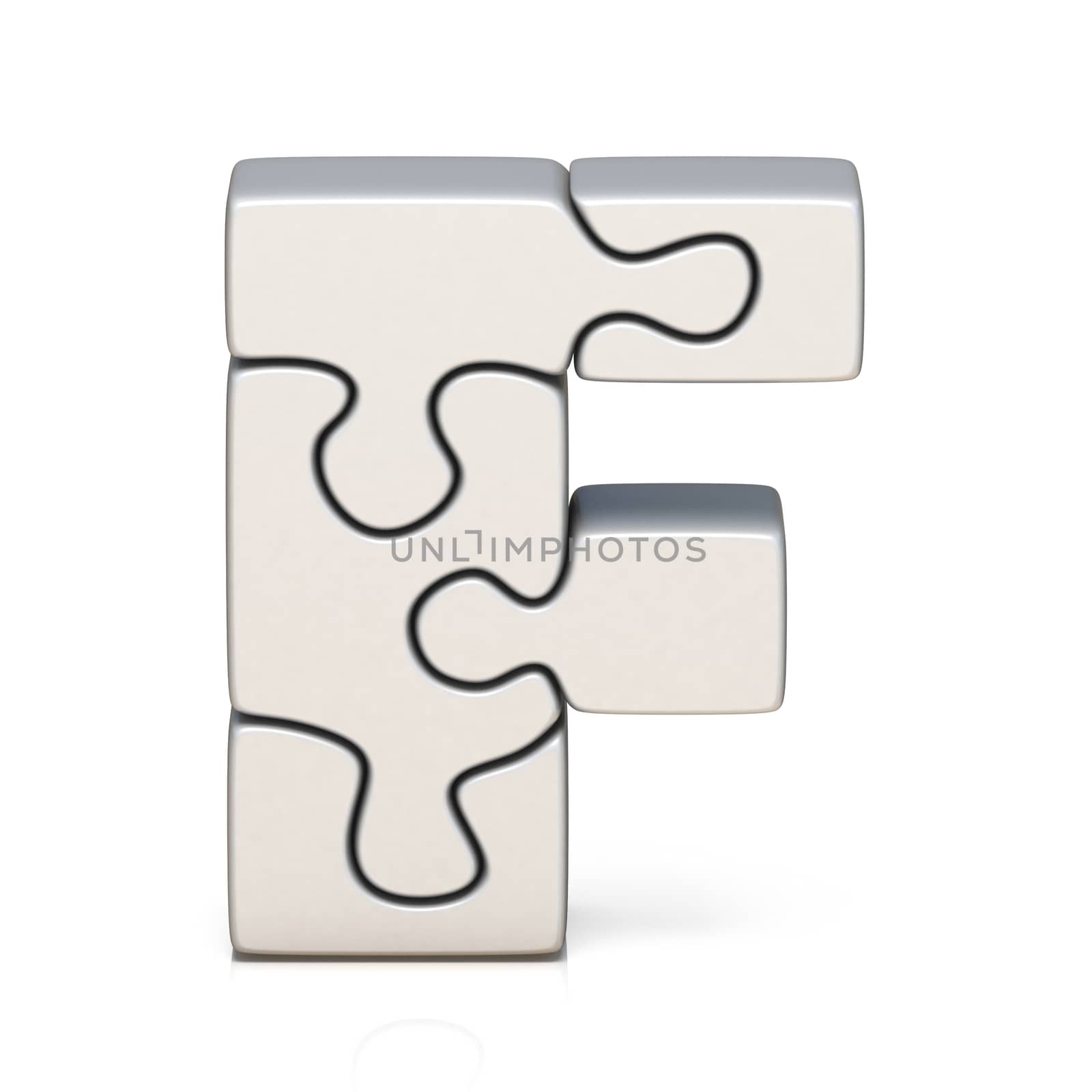 White puzzle jigsaw letter F 3D render illustration isolated on white background