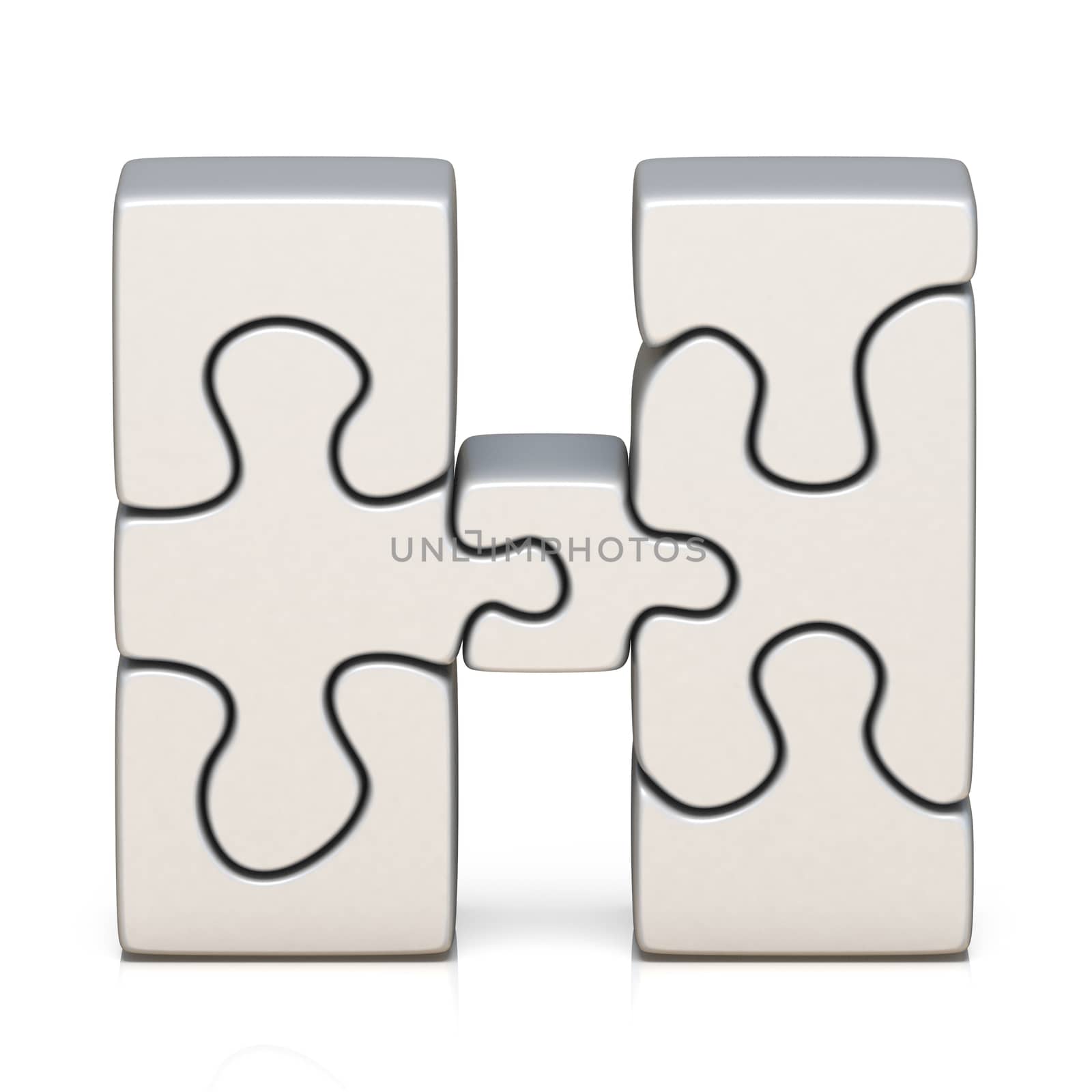 White puzzle jigsaw letter H 3D render illustration isolated on white background