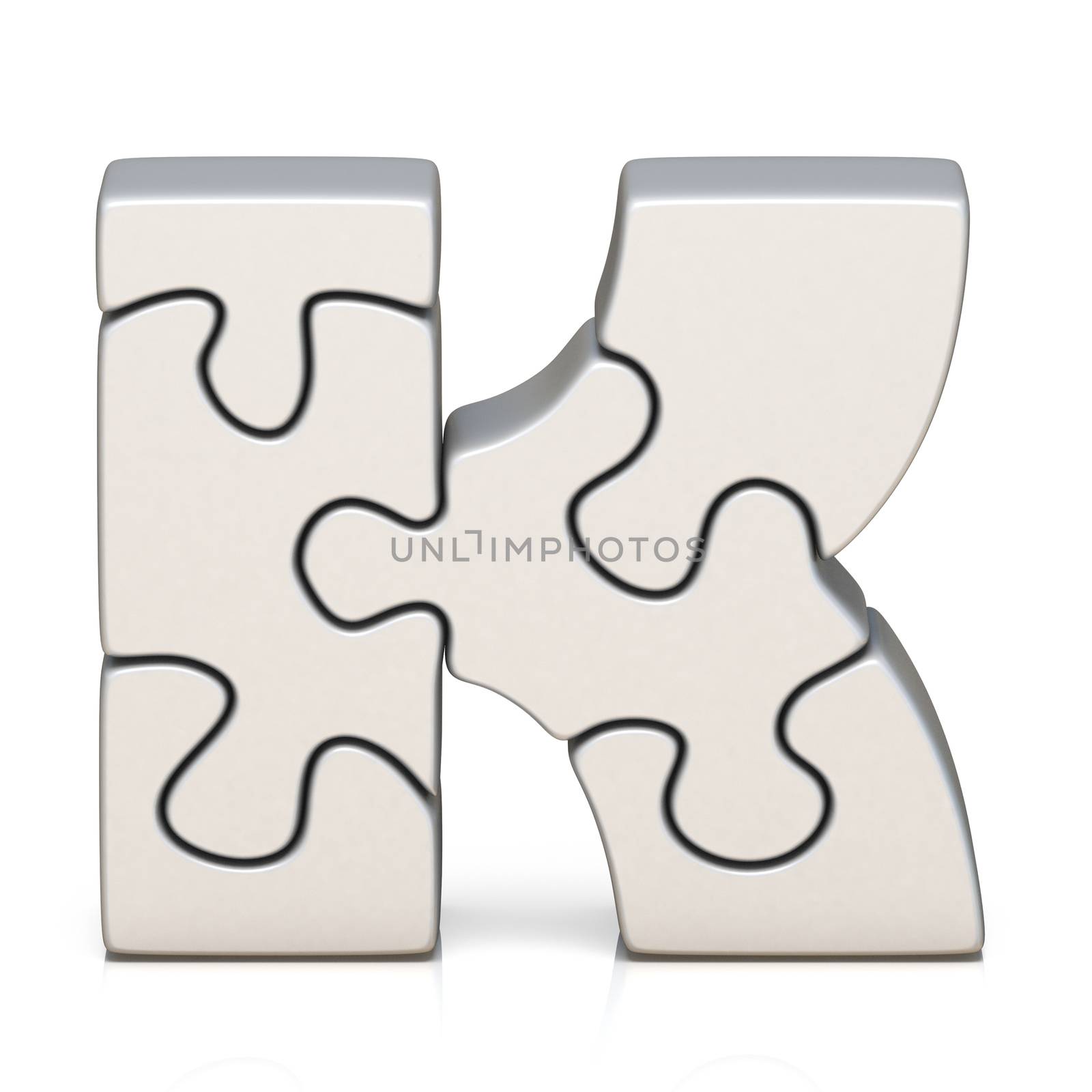 White puzzle jigsaw letter K 3D render illustration isolated on white background
