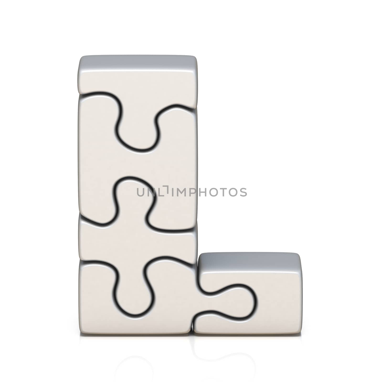 White puzzle jigsaw letter L 3D render illustration isolated on white background