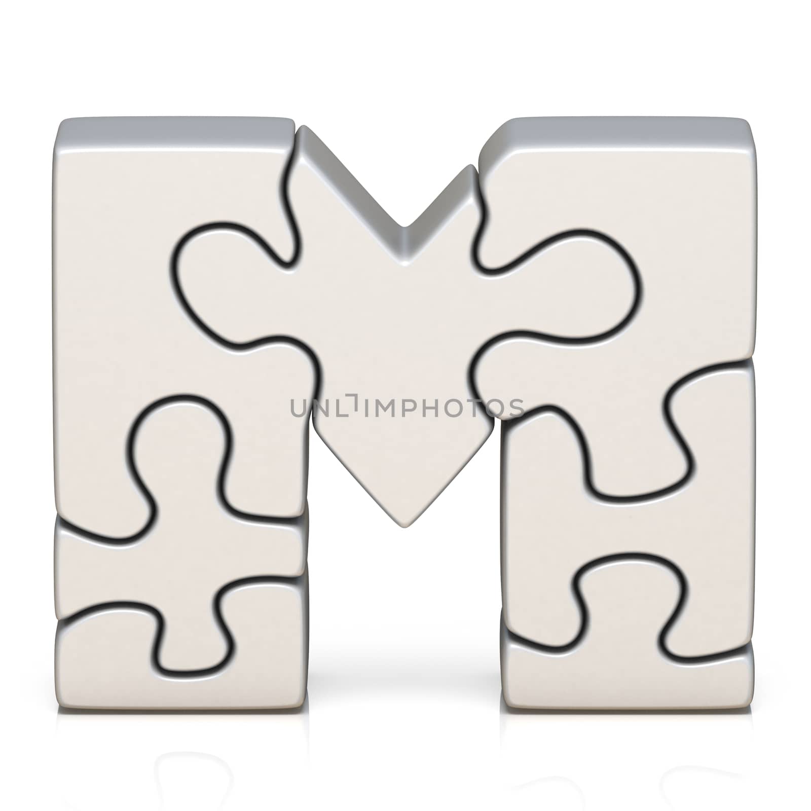 White puzzle jigsaw letter M 3D render illustration isolated on white background