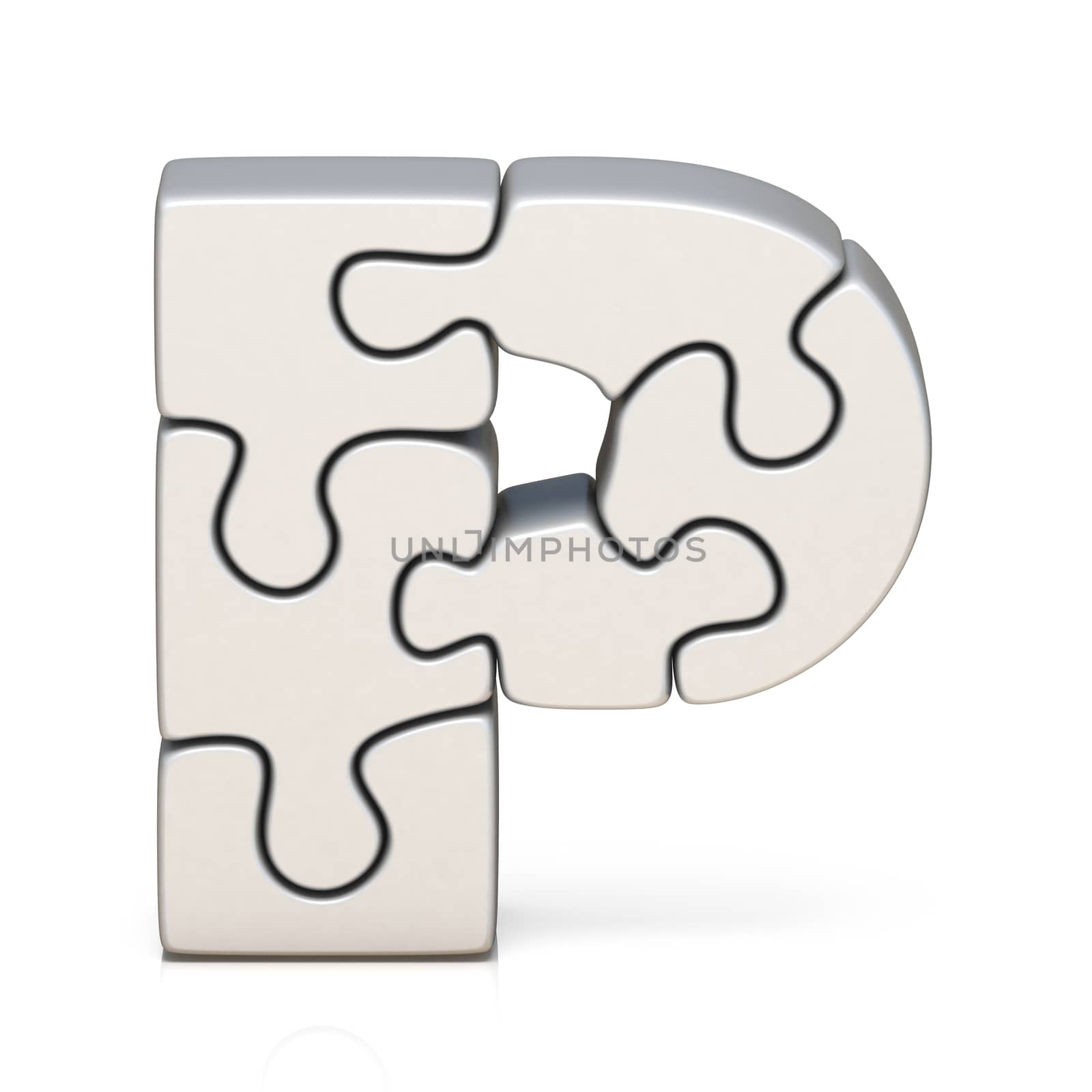 White puzzle jigsaw letter P 3D render illustration isolated on white background