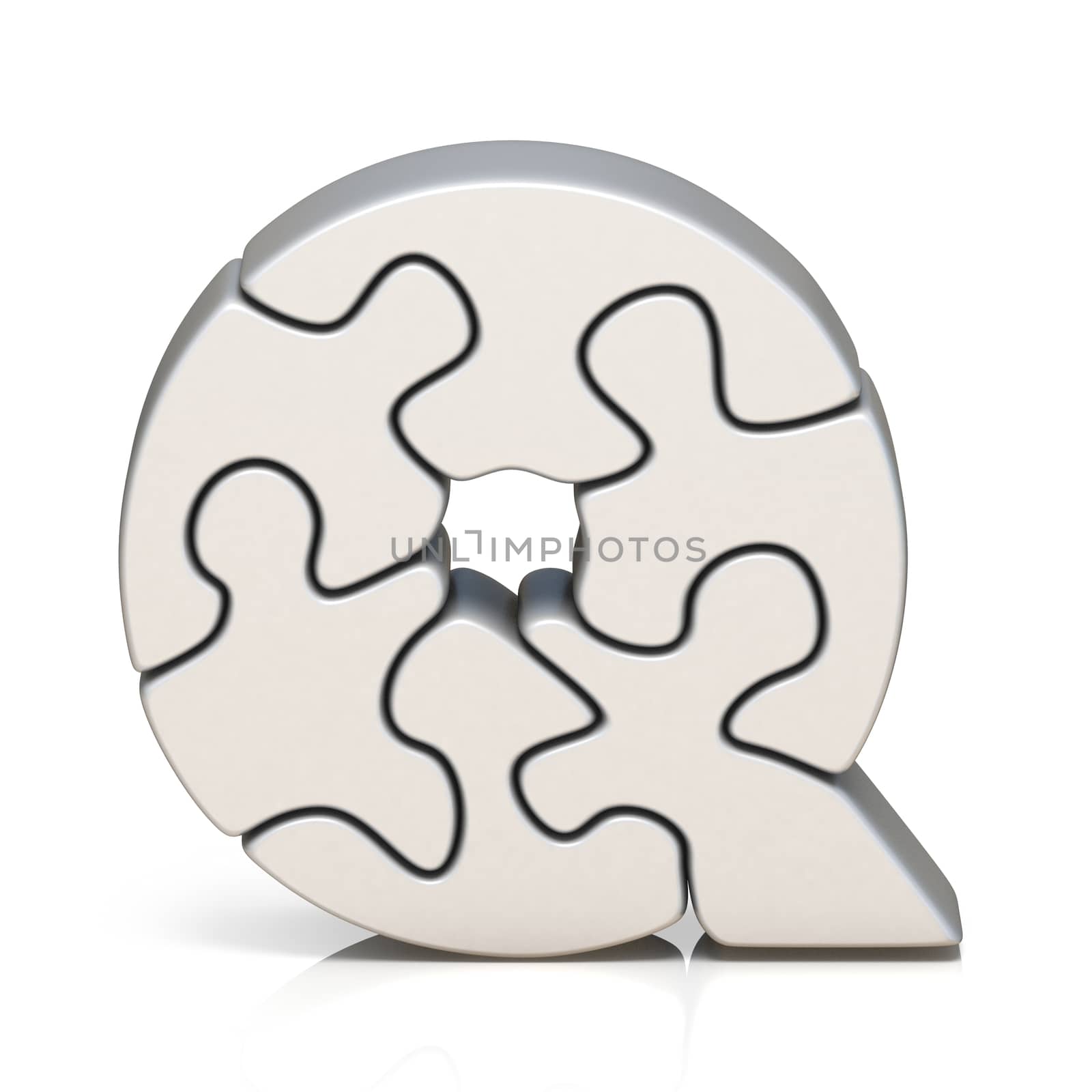 White puzzle jigsaw letter Q 3D render illustration isolated on white background