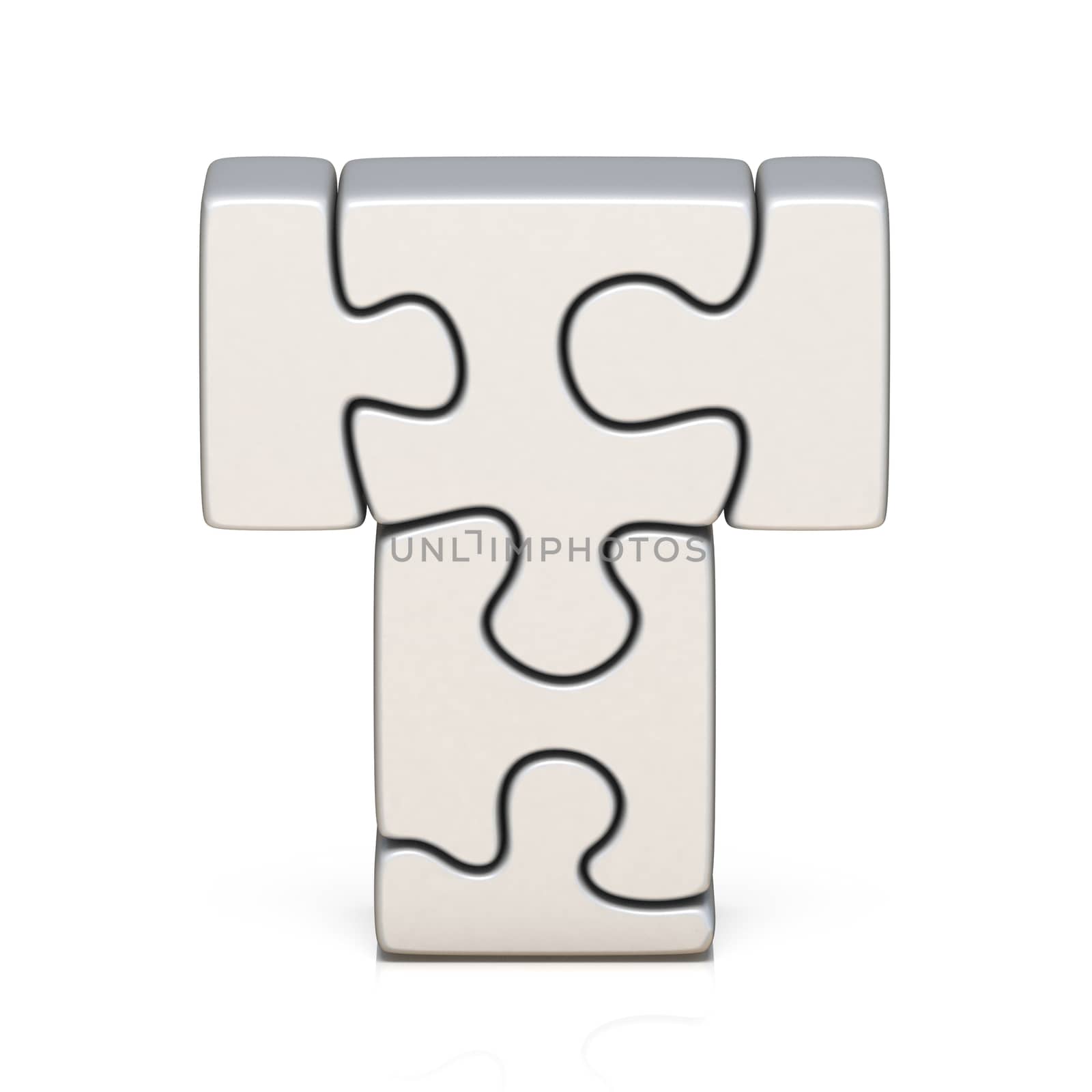 White puzzle jigsaw letter T 3D render illustration isolated on white background