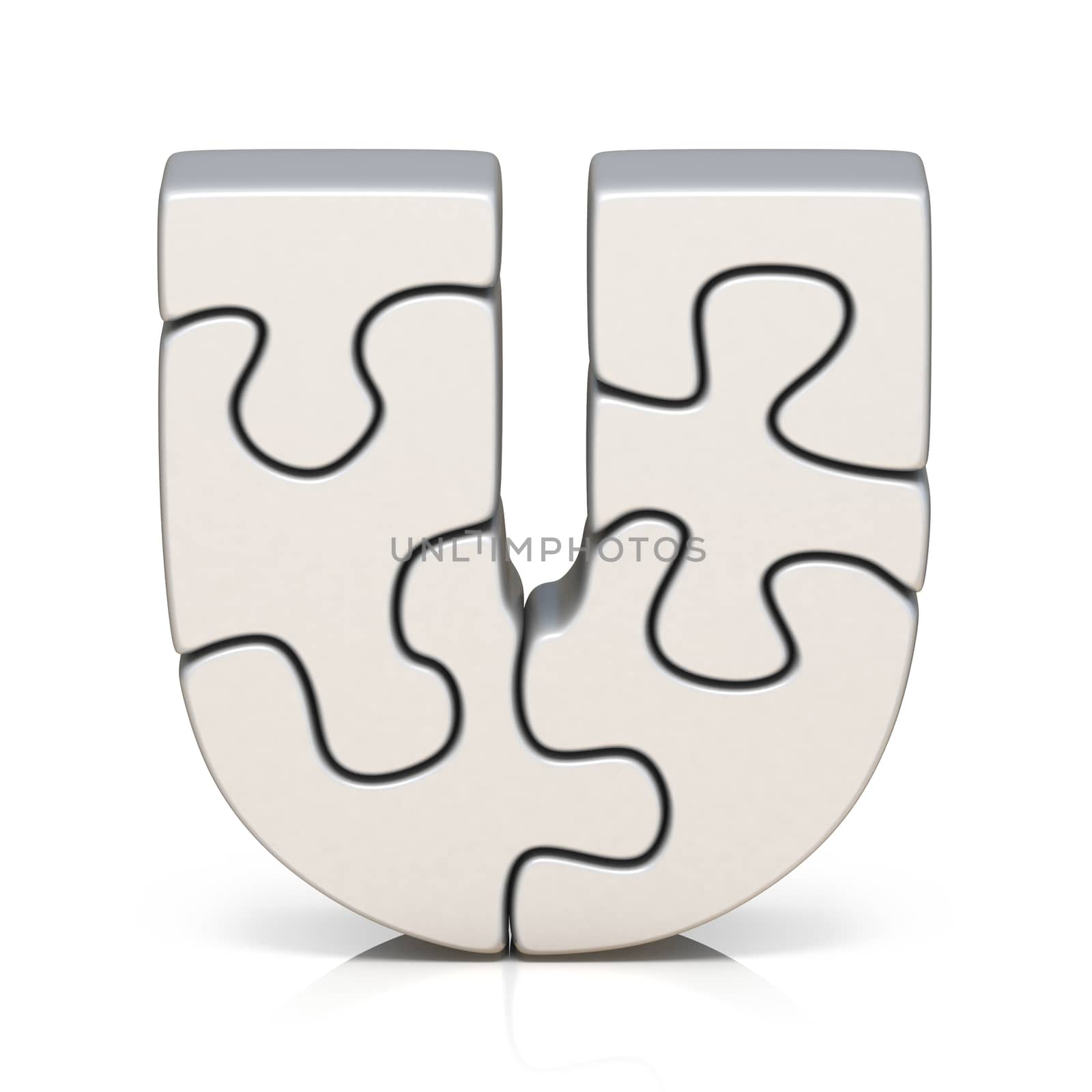 White puzzle jigsaw letter U 3D render illustration isolated on white background