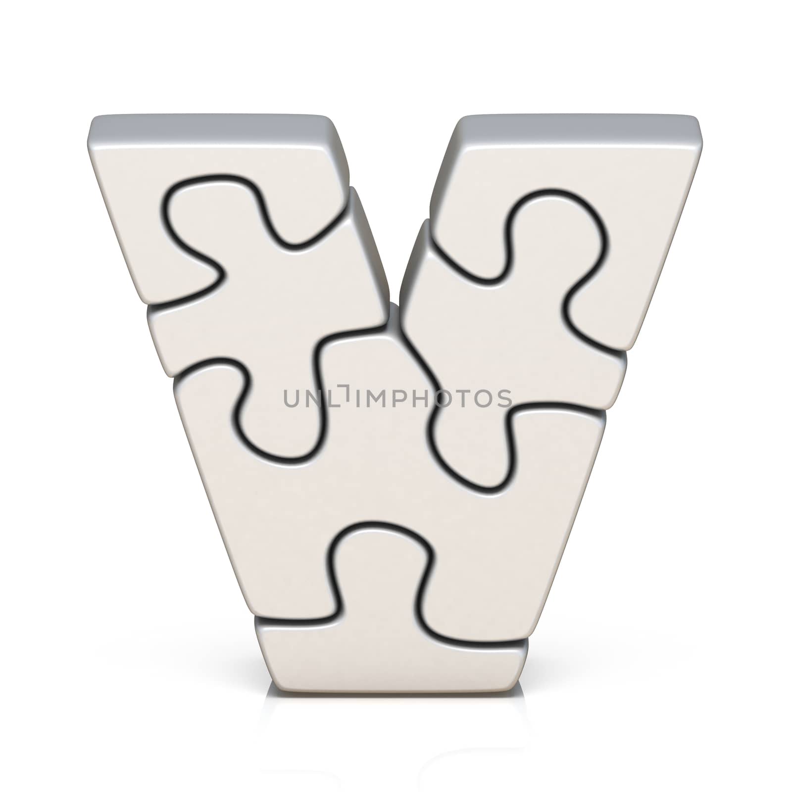 White puzzle jigsaw letter V 3D render illustration isolated on white background
