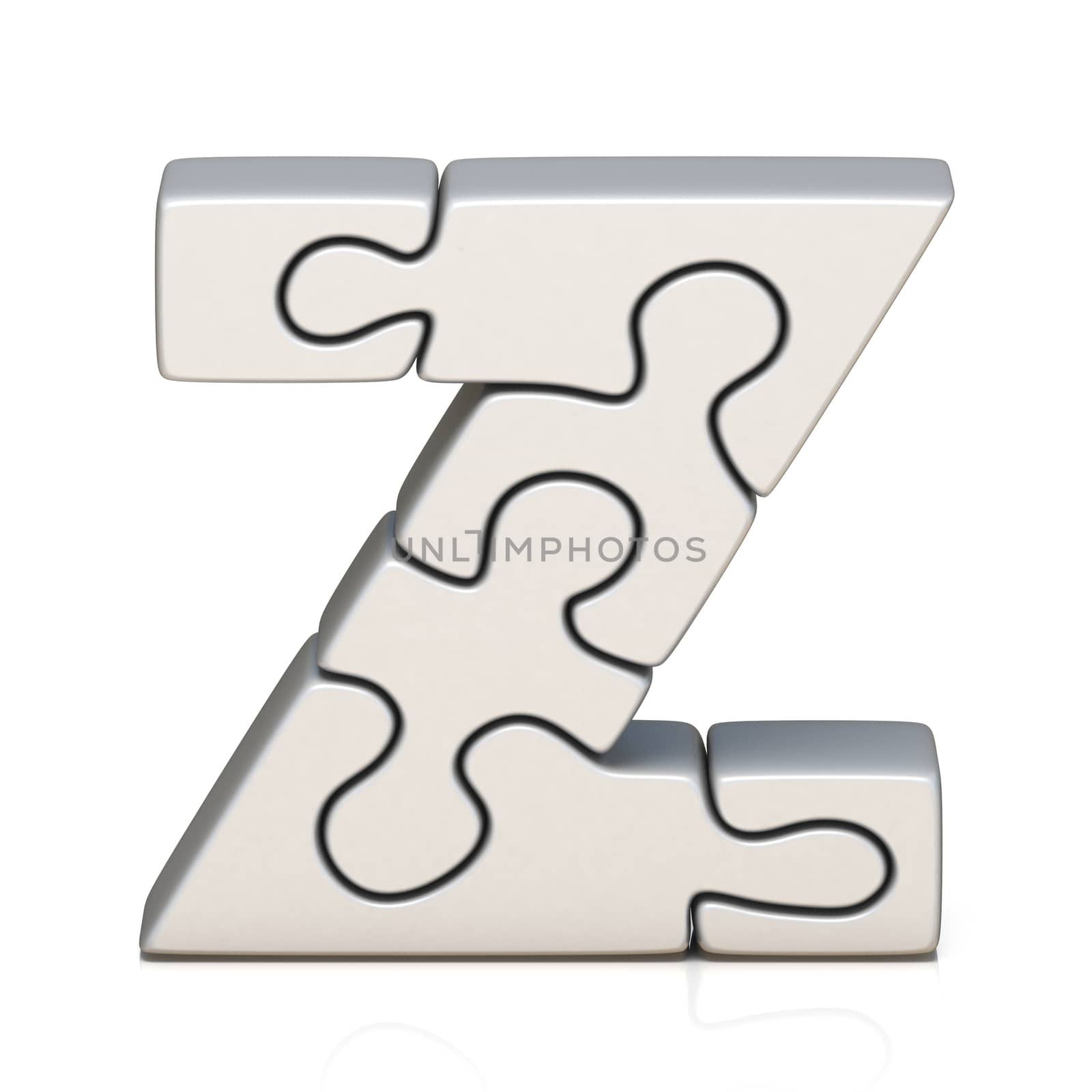 White puzzle jigsaw letter Z 3D render illustration isolated on white background