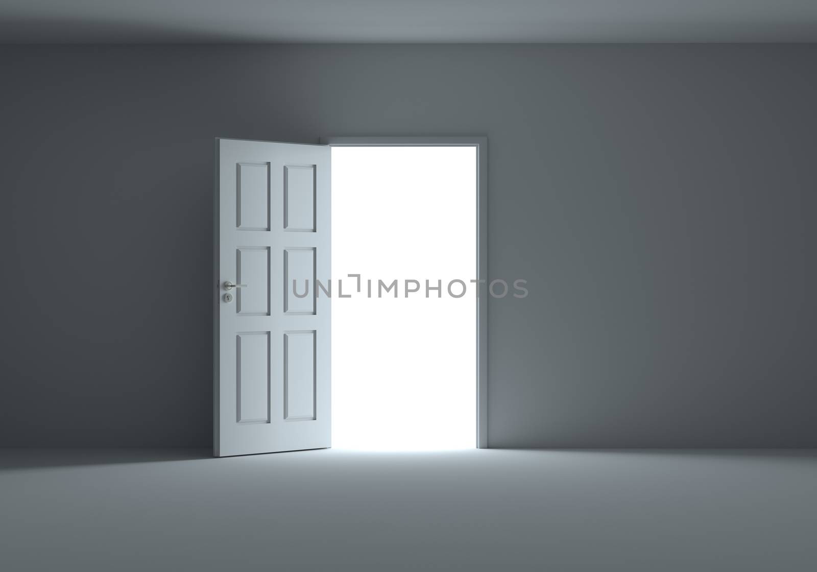 An open door with light streaming into dark room by cherezoff