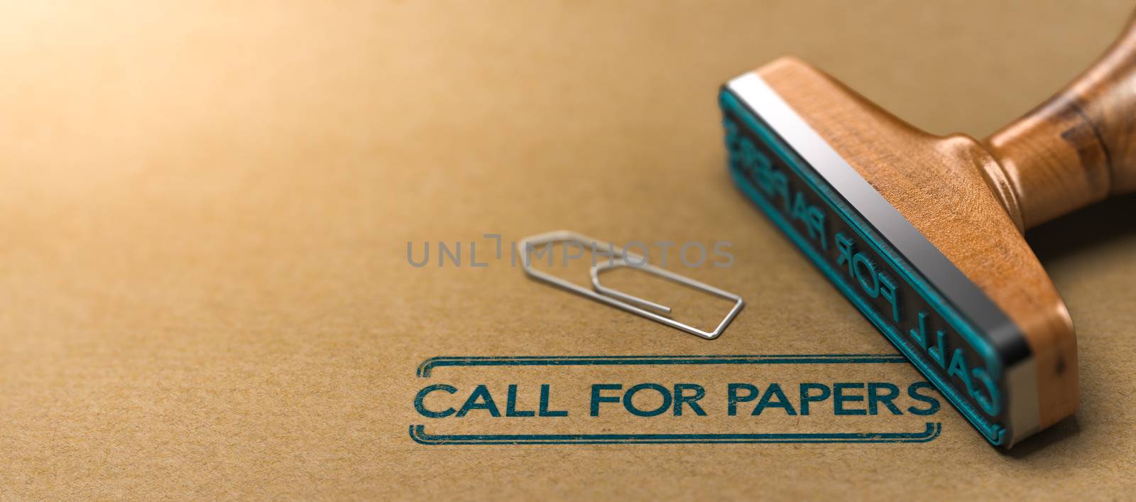 3D illustration of rubber stamp over paper background with the text call for papers. Conference or meeting organization and communication