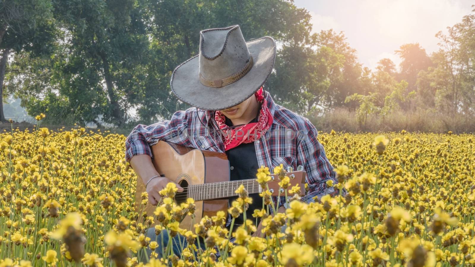 Asian farmer sitting in his bright yellow field with guitar