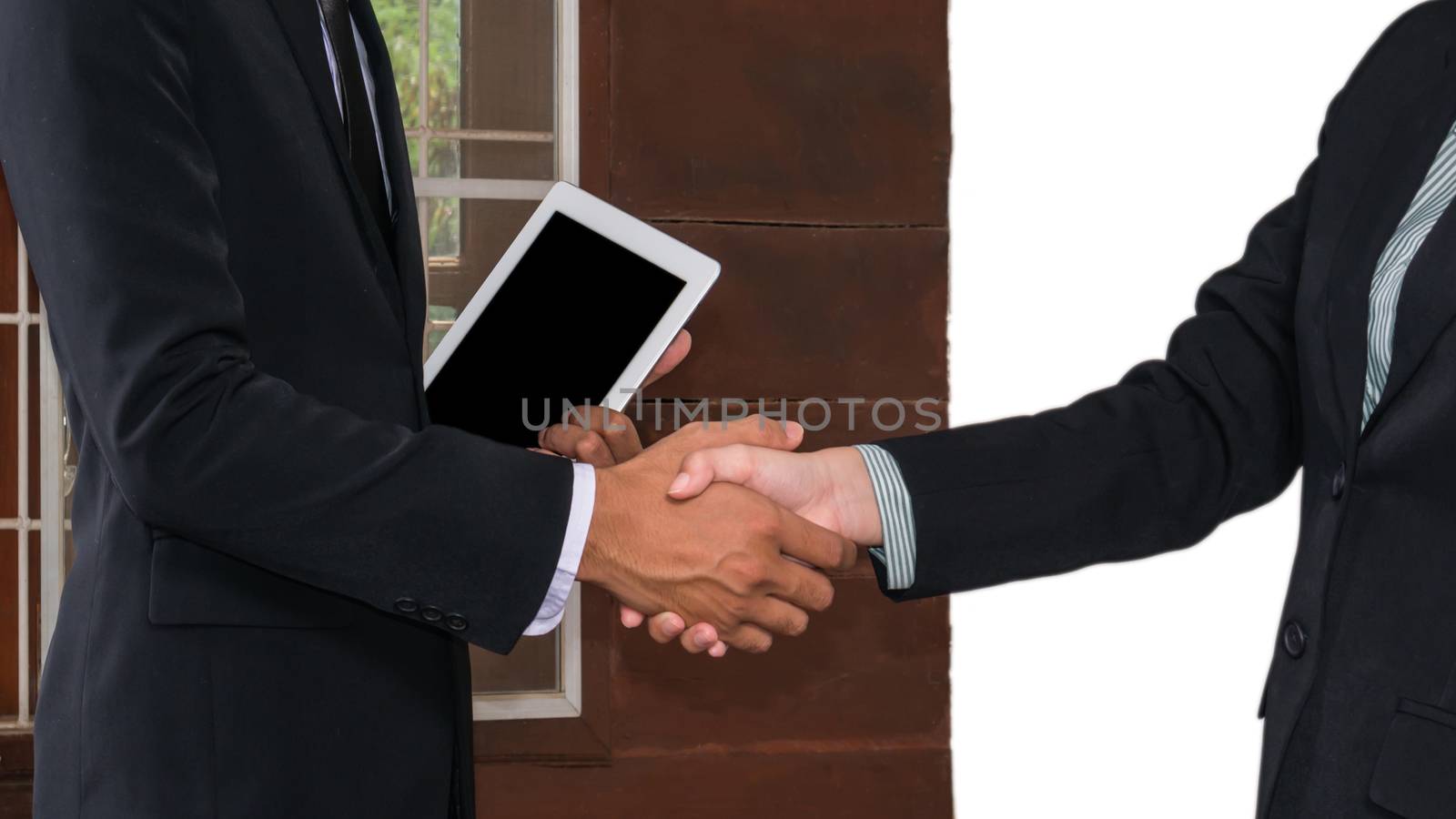 Businessman And Businesswoman Shaking Hands In Office