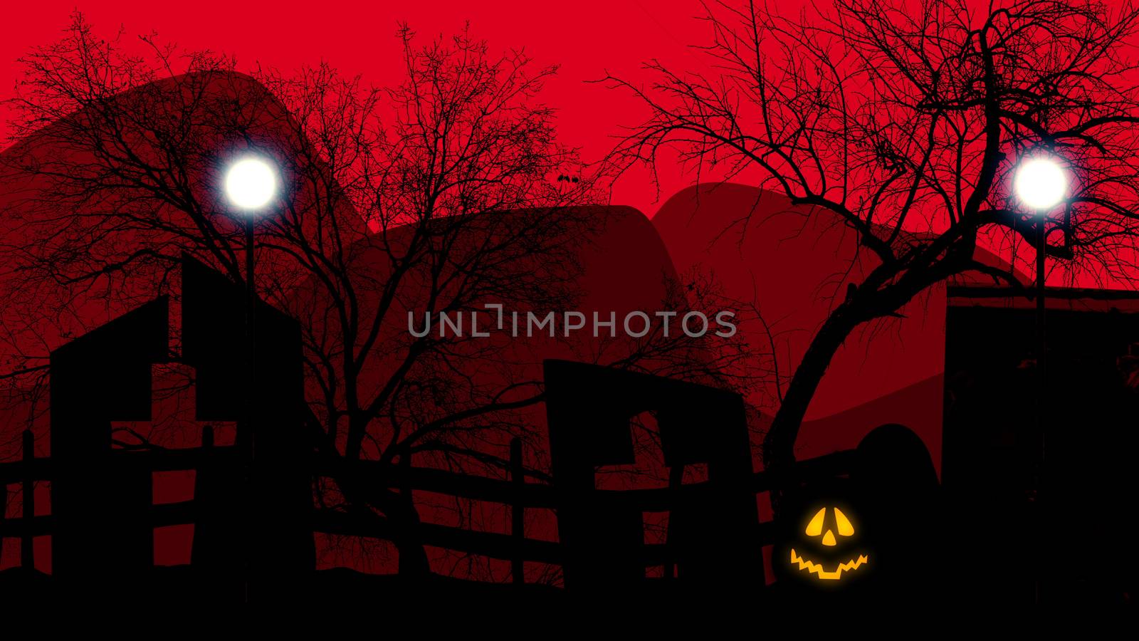 Halloween concept graveyard with pumpkins on red. 3d illustration