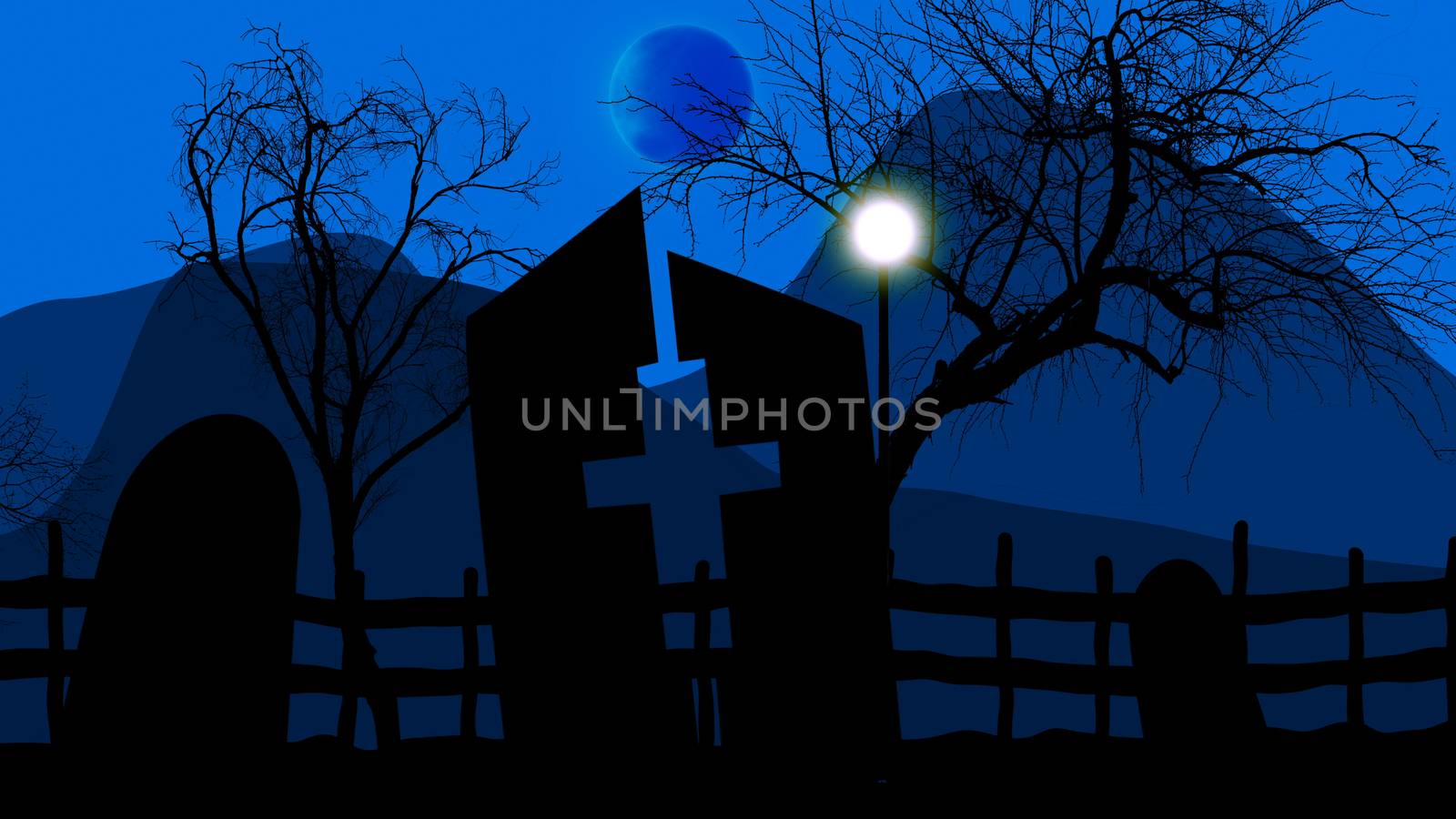 Halloween background with spooky graveyard, naked trees, graves and the moon on a blue. 3d illustration