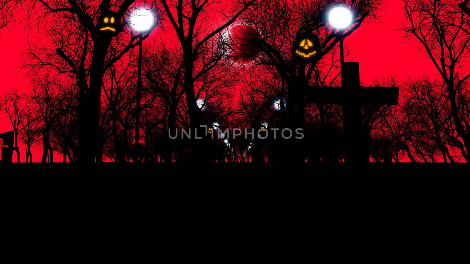 Pumpkins, the Moon, lampstands and trees on a red background. 3d illustration of halloween concept.