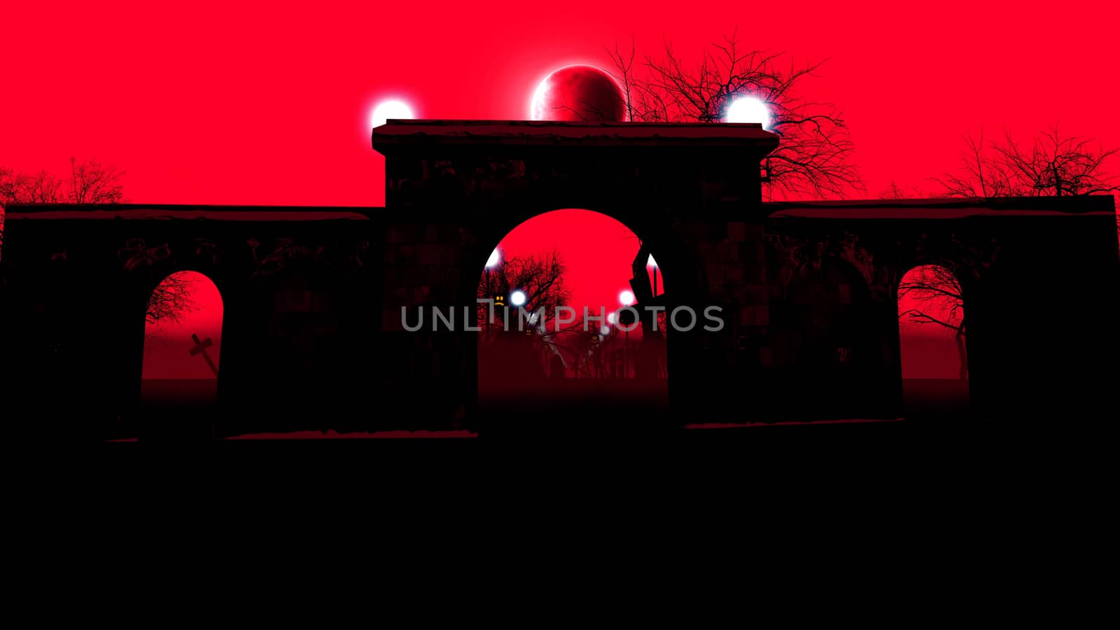 3d illustration of foggy graveyard with pumpkin lights and the moon on red sky background.