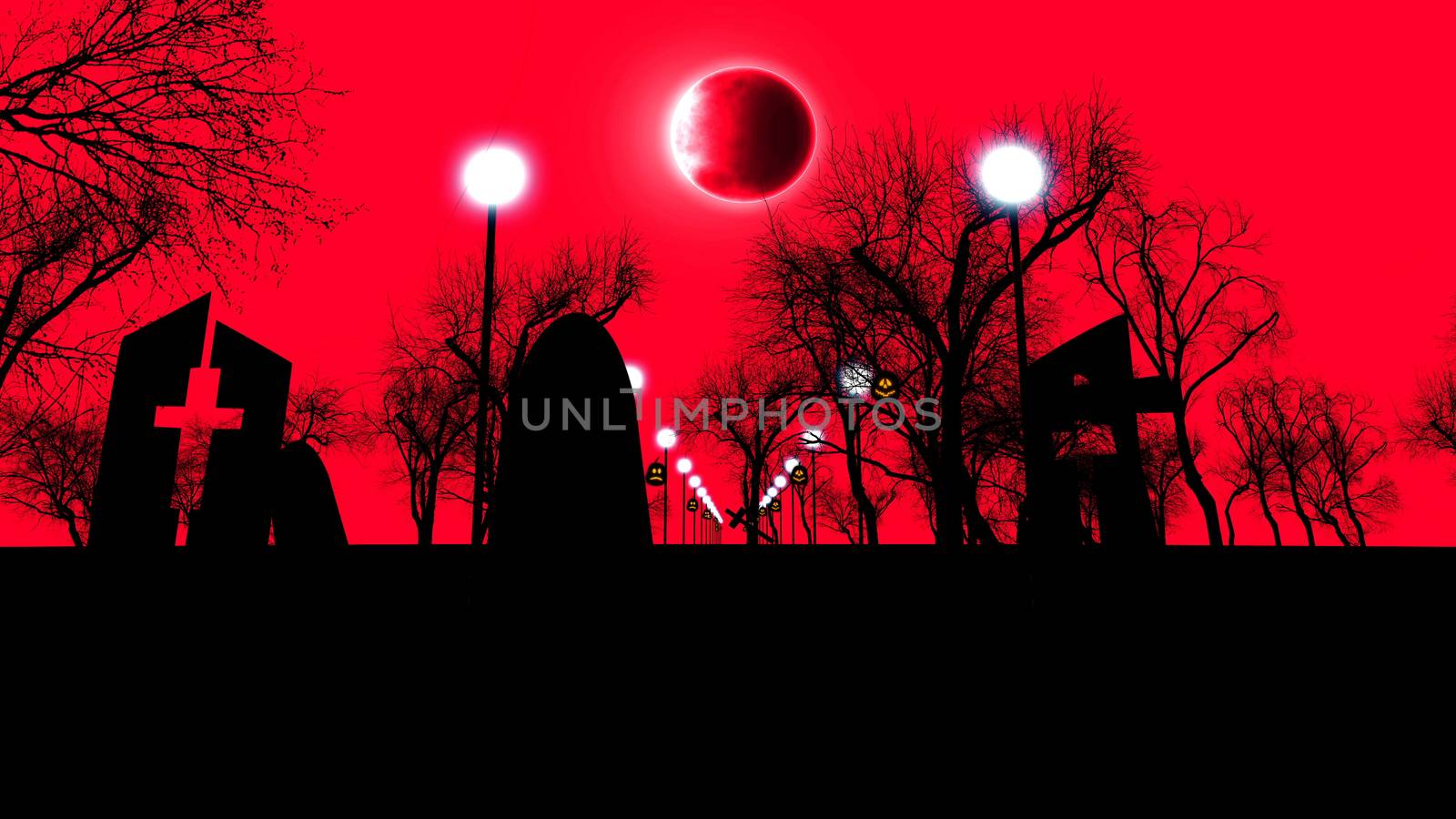 3d illustration of foggy graveyard with pumpkin lights and the moon on red sky background.