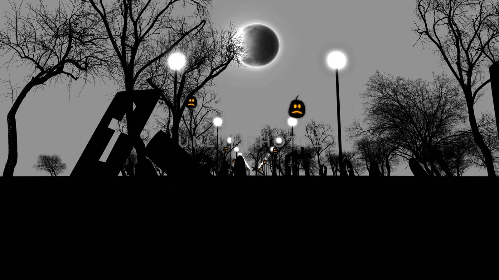 3d illustration of Pumpkins, the Moon, lampstands and trees. Black and white.