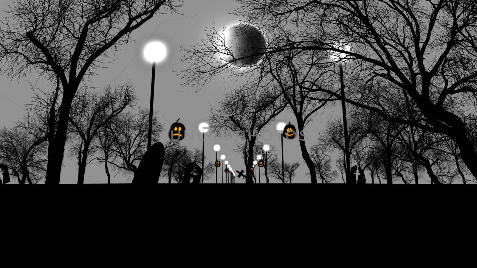 3d illustration of Pumpkins, the Moon, lampstands and trees. Black and white.