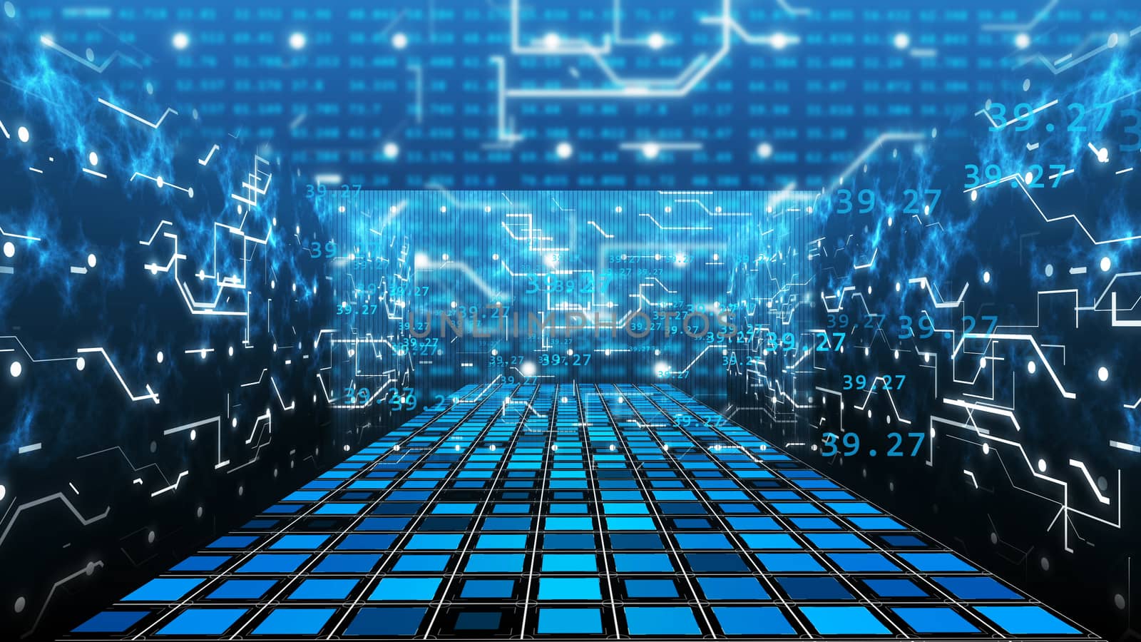 Abstract tunneling consisting of circuit board signals and digital numbers. Future internet technology concept. 3d illustration.