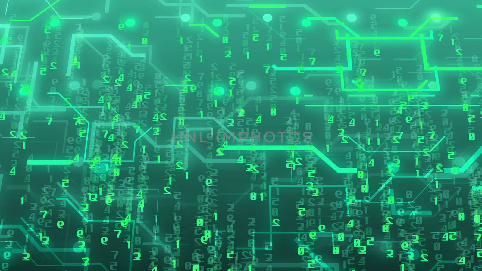 Abstract technology concept with numbers and circuit board imitation on a green background. Internet technology business concept. 3d rendering.